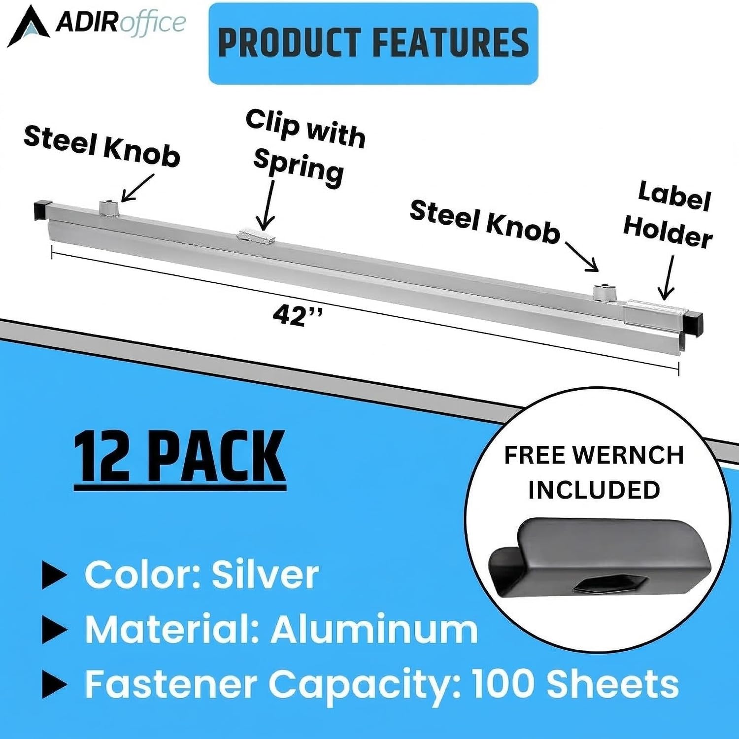 Adir Blueprint Clamp 42 Inches - Blueprint Clips, Blueprint Binding Strips, Architectural Blueprint Binders for Blue Print Organizers, Poster, Maps & Construction Plan Holder (Pack of 12)