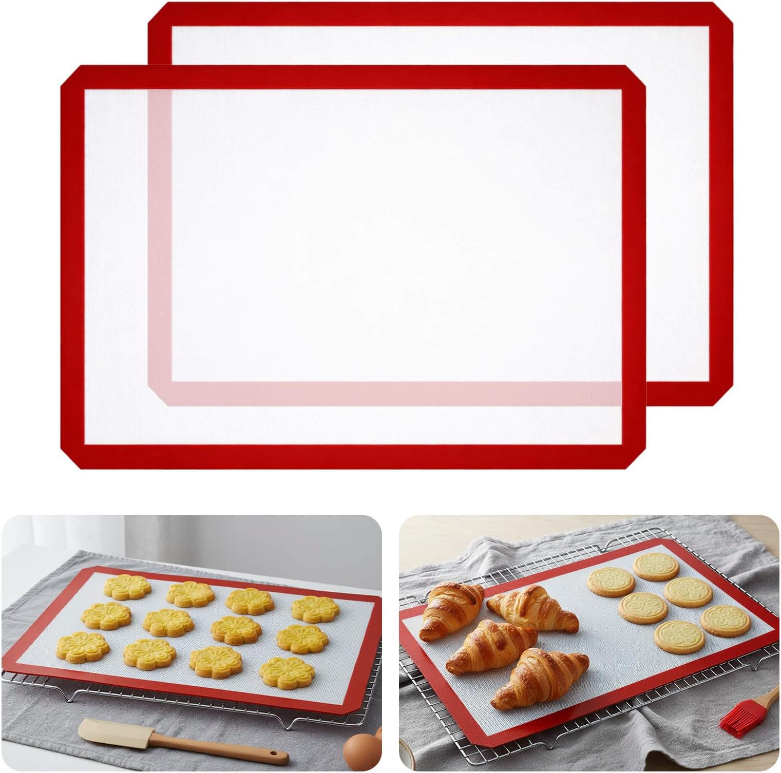 2 Pack Silicone Baking Mats, 24" x 16" Full Sheet Non-Stick Cookie Sheets Oven Safe Non-Stick Silicone Baking Sheet Liner for Macarons Cookies Cakes