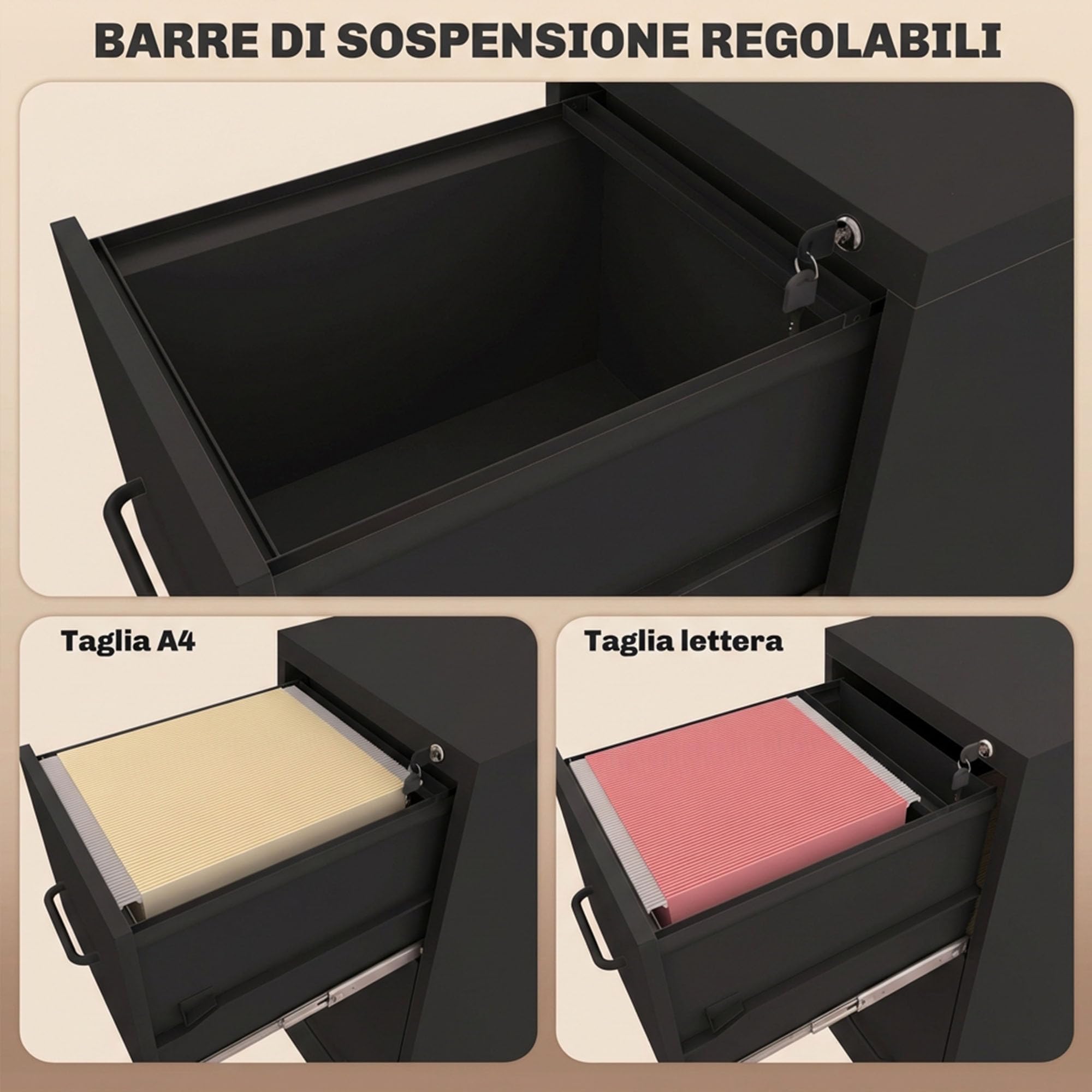 HOMCOM Schedario da Ufficio a 3 Cassetti con Barra Regolabile, Cassettiera in Acciaio per Documenti, Perfetto per Ufficio, Casa e Studio, 36.5x46.2x99 cm, Nero