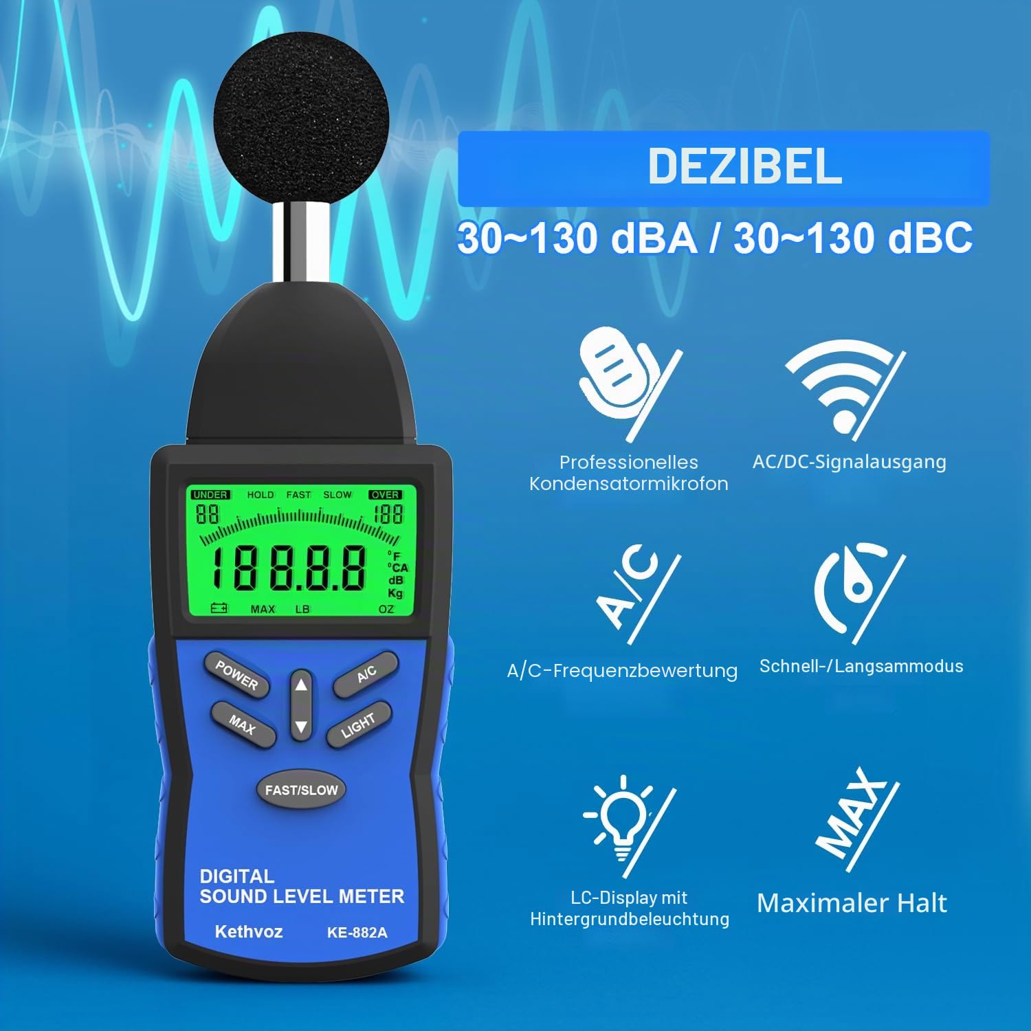Dezibel Messgerät Profi Schallpegelmesser, Kethvoz Digitales Schallpegelmessgerät 30-130 dB, Lärmmessgerät mit Genauigkeit ±1.5 dB, A/C Frequenzbewertung, FAST/SLOW Zeitbewertung, für Lärmanalyse