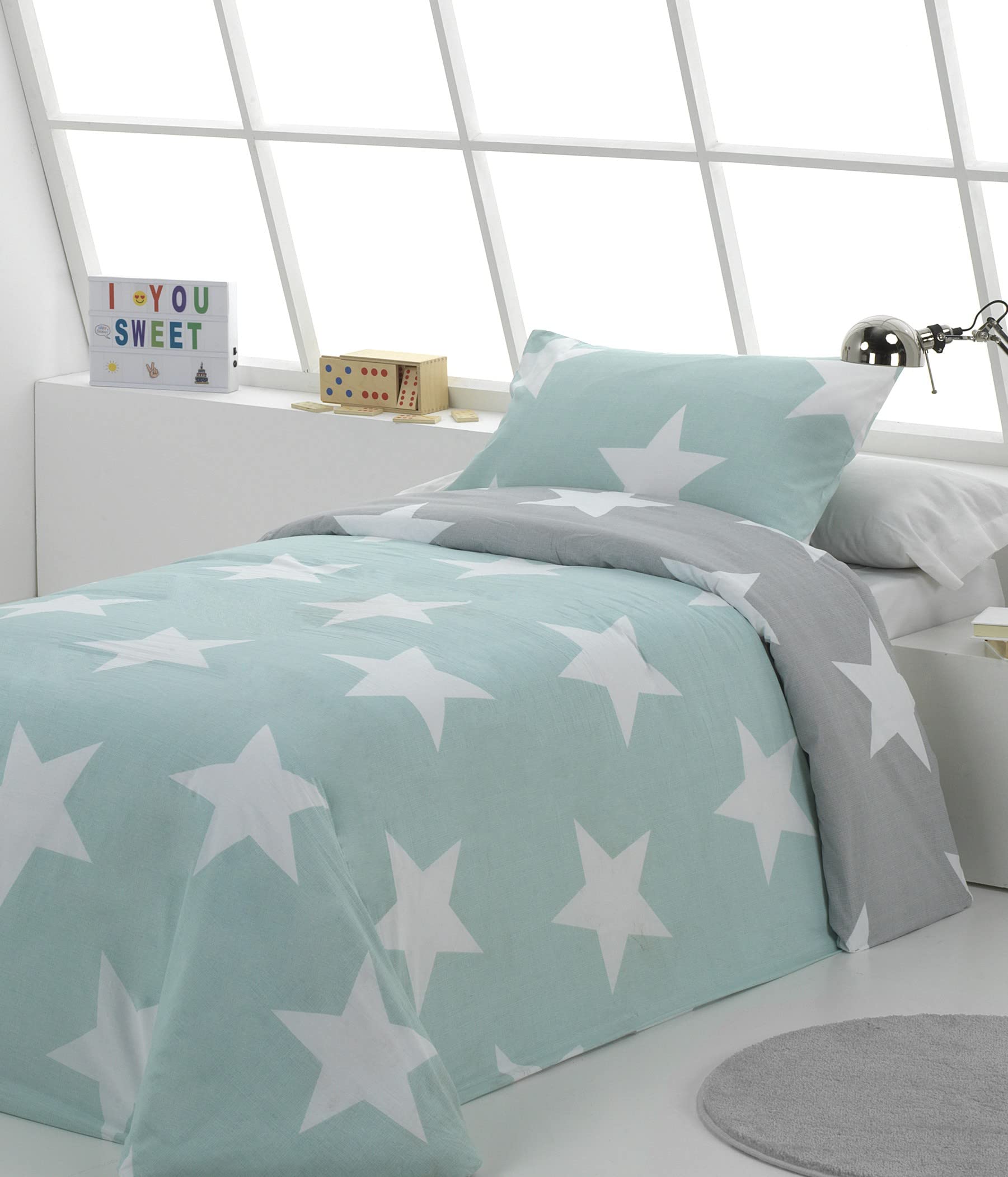 DHESTIA HOME - Funda Nórdica Infantil Reversible con Botones y Estrellas North Agua - Color Agua, Talla Cama 90/105