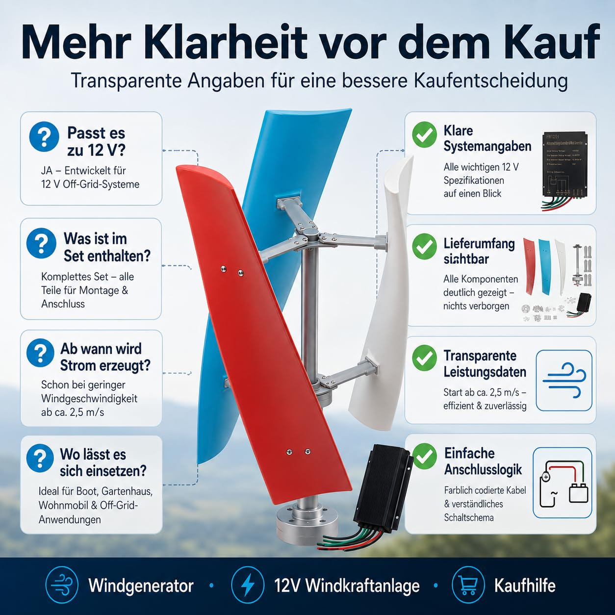 400W Vertikale Windkraftanlage Komplettset – 12V Windgenerator mit MPPT-Regler, extrem leise & Startwind ab 1,3 m/s für Garten, Boot, Wohnmobil