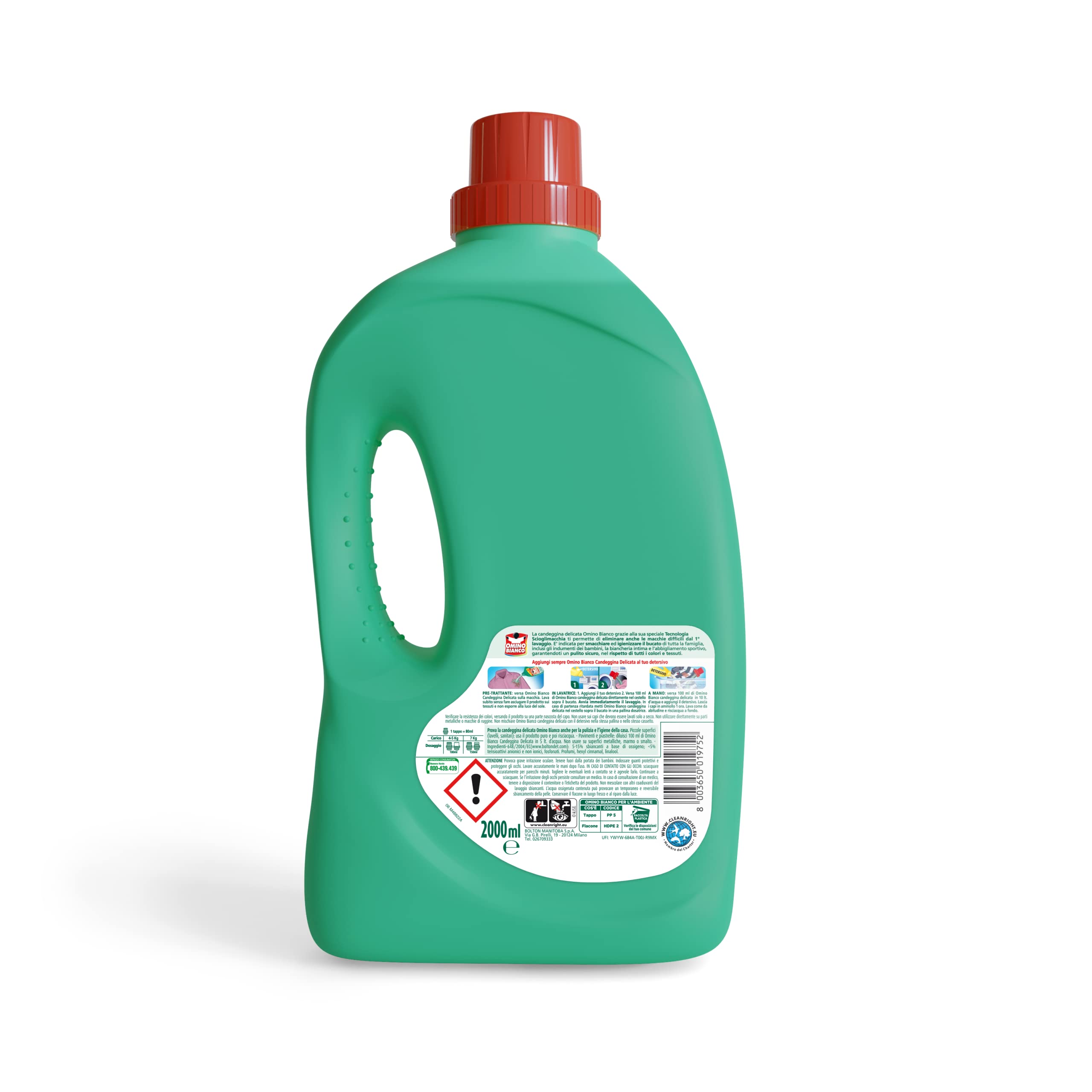 Omino Bianco - Candeggina suave con tecnología Disolver manchas, acción quitamanchas e higienizante, eficaz a bajas temperaturas, esencia de musgo blanco, 2000 ml x 6 paquetes
