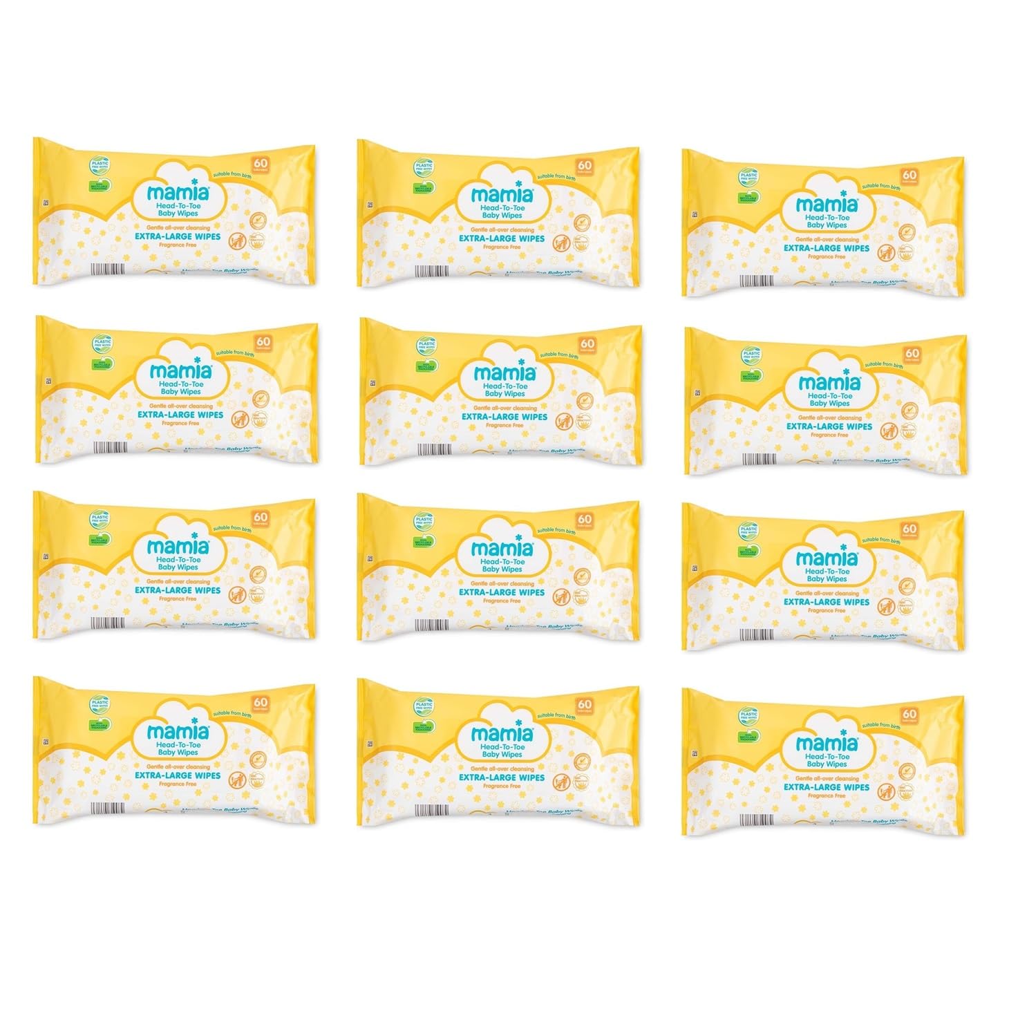 12x Mamia Extra Large Head to Toe Wipes 60 Pack