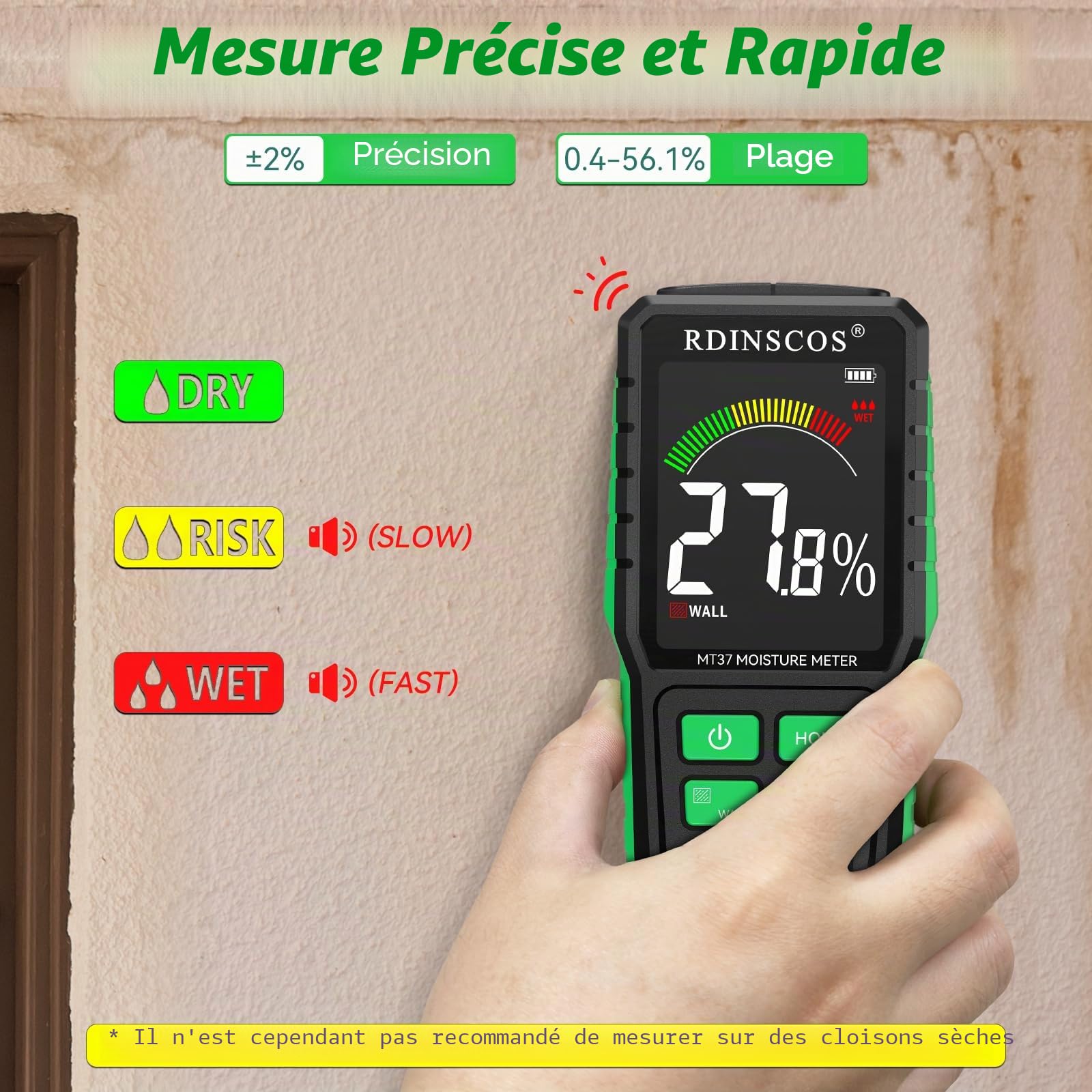 Testeur Humidité Non Destructif Rechargeable Détecteur Mur Humidimètre avec Alarme Automatique pour Béton Bois Maçonnerie