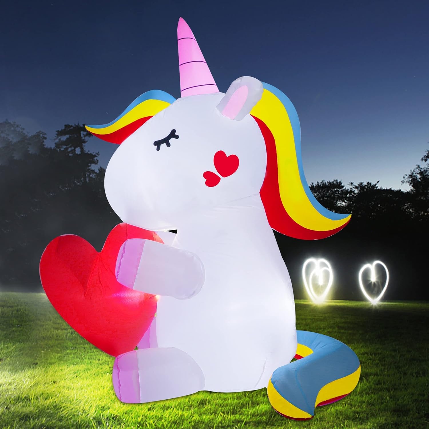 Lulu Home Lighted Yard Decorations, 5 FT Large Inflatable Light Up Unicorn Holding A Red Heart, Valentine's Day Blow Up Adorable Rainbow Colorful Unicorn Outdoor Indoor Party Display Decor : Patio, Lawn & Garden