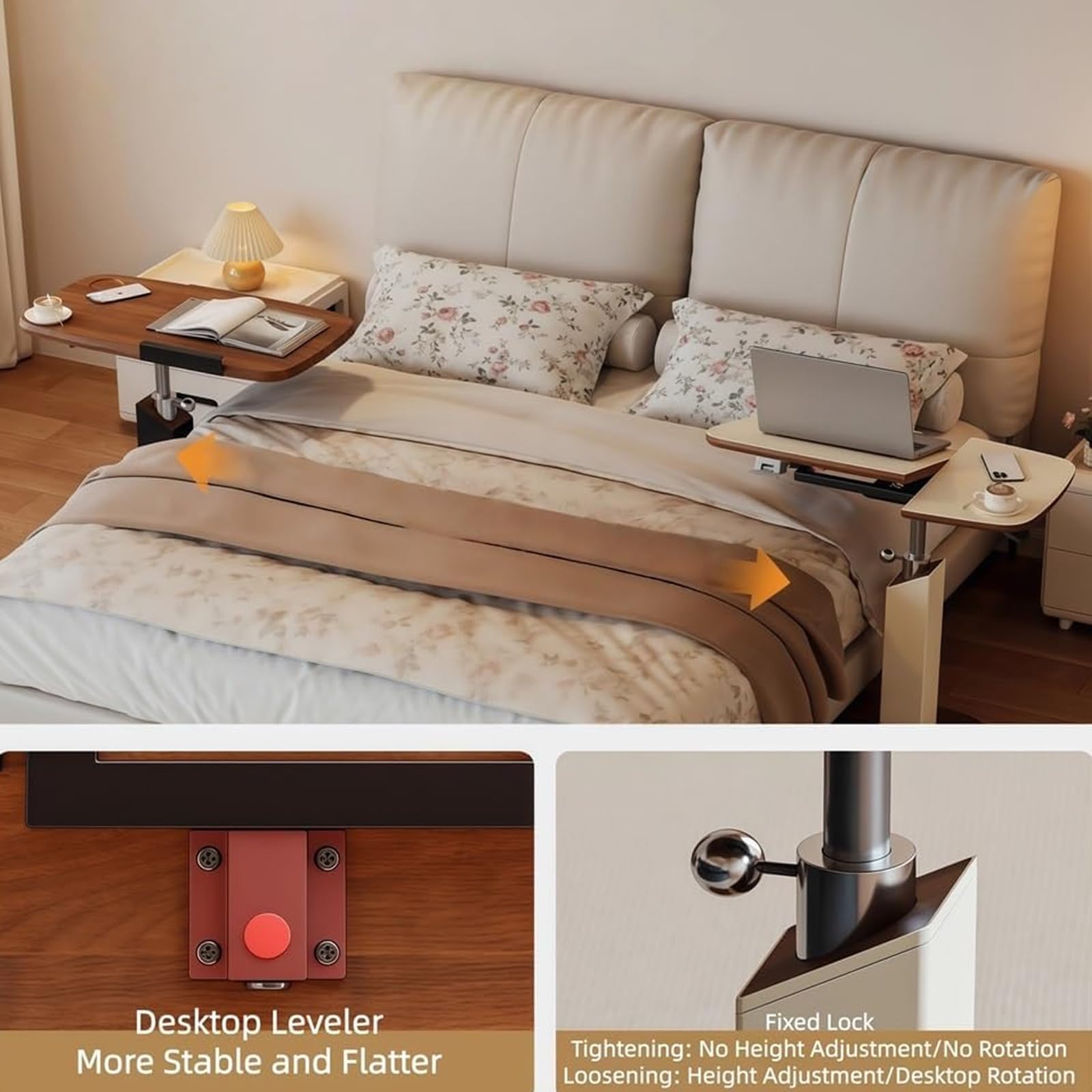 Mesa auxiliar en forma de C de altura ajustable con parte superior giratoria, mesa de sofá rodante que se desliza debajo del sofá, bandeja de TV para cama, color blanco
