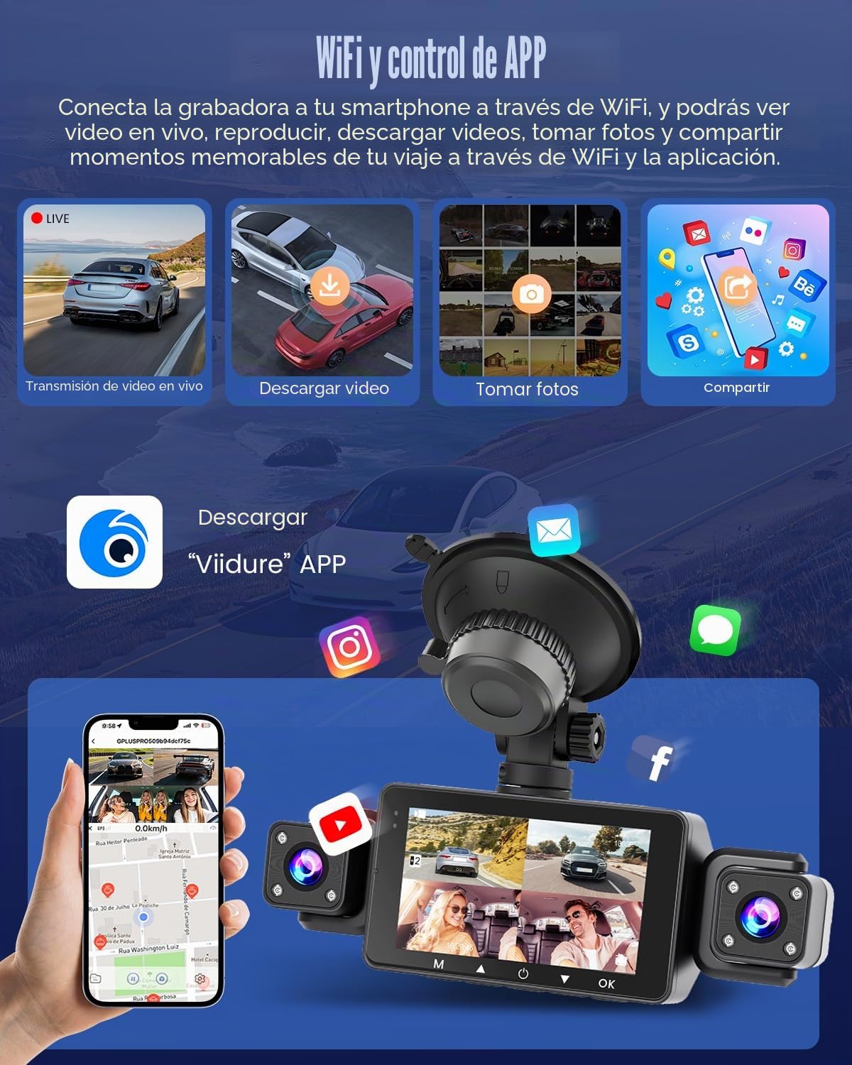 Dashcam de 4 Canales, Delantera y Trasera, 1080p, con WiFi, Tarjeta SD de 64 GB, Pantalla IPS de 3", Gran Angular, Visión Nocturna IR 8, Sensor G, Cámara para Salpicadero con Grabación en Bucle