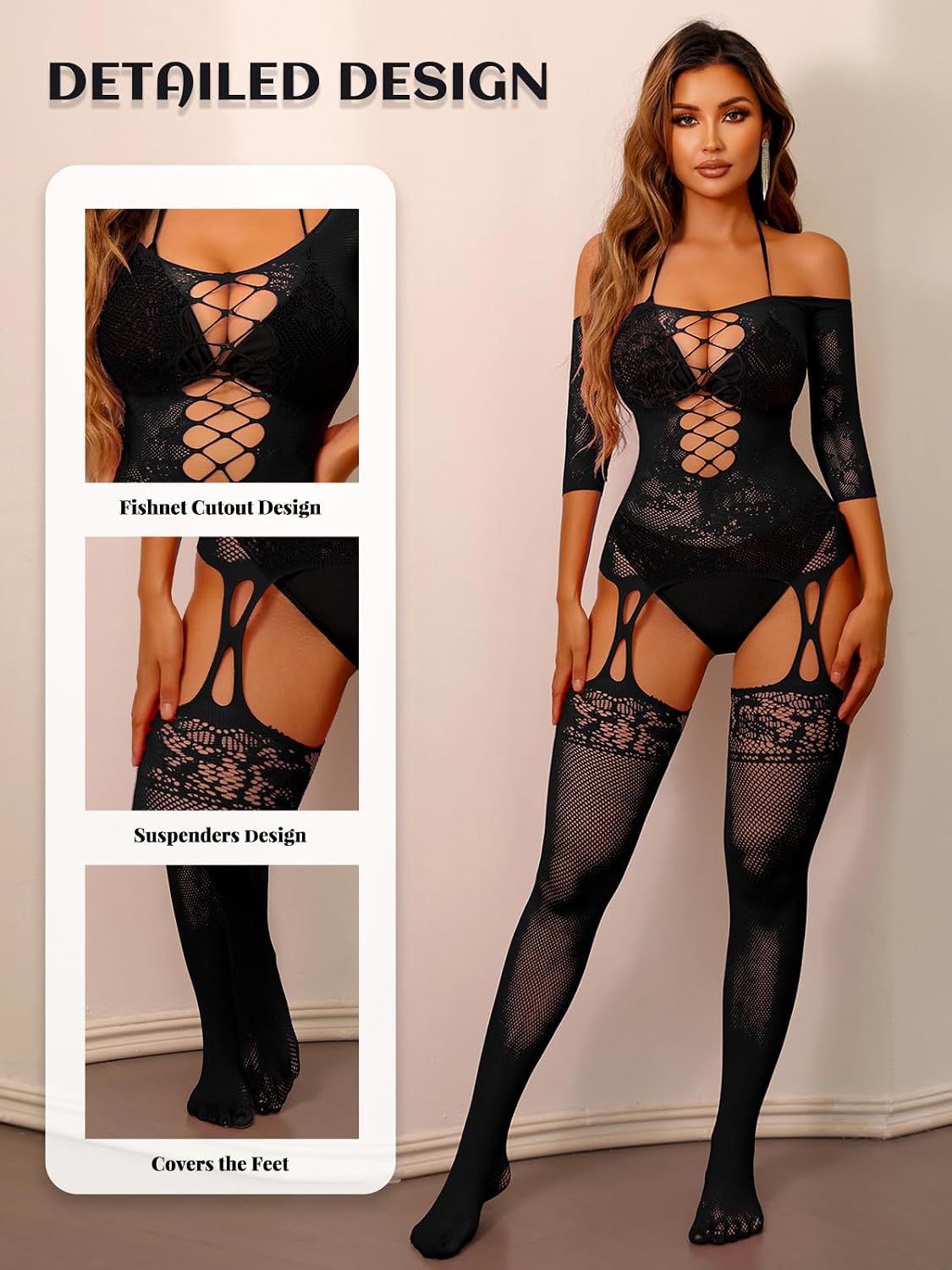 Buitifo Women Sexy Lingerie Fishnet Tights Bodystocking Mini Top Attached Stockings