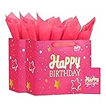 Powbrace 13 Pink Happy Birthday Gift Bag with Tissue Paper and Greeting Card for Party,Happy Birthday Gift Bag for Men Women,Gift Bags Medium size(2 PCS Pink Hot Stamping)