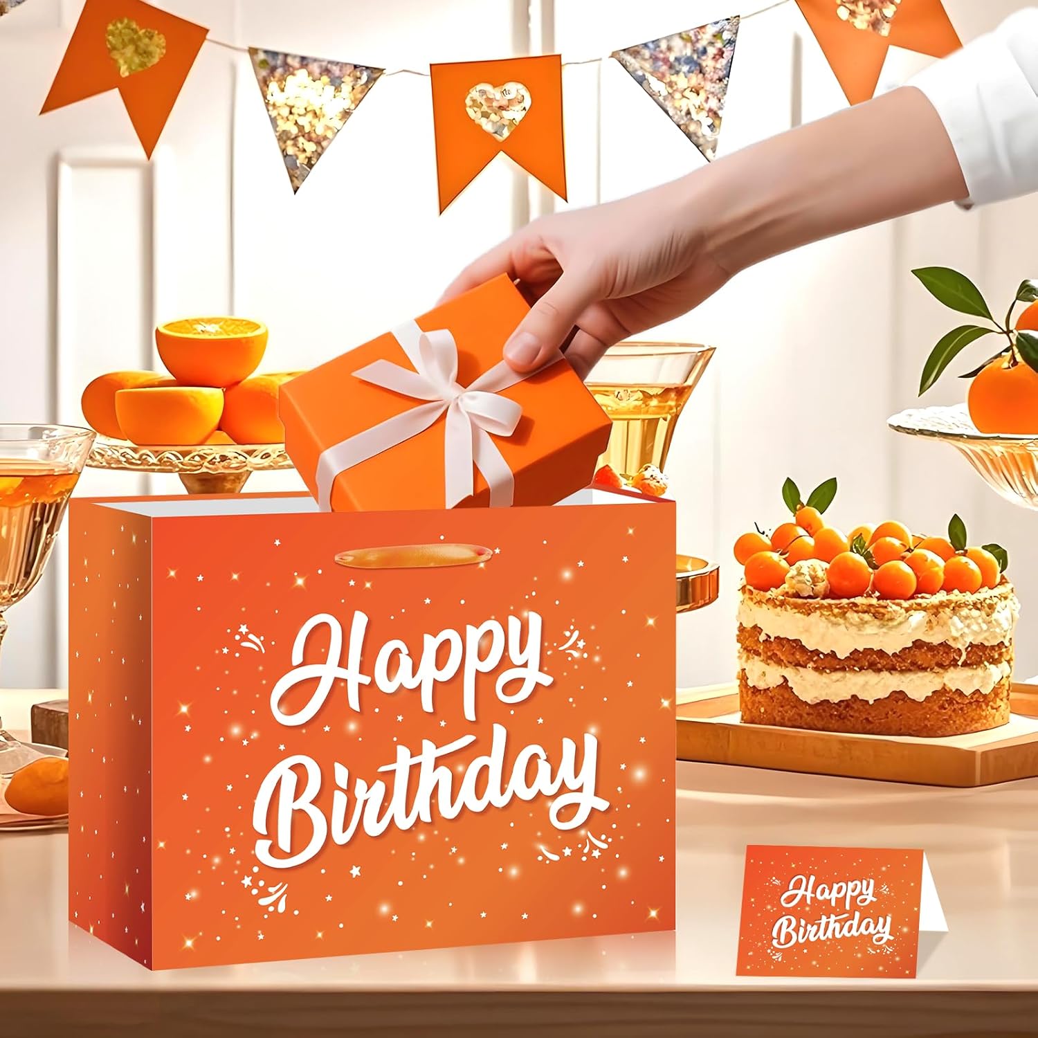 LUUFILx Orange White Birthday Gift Bag for Kids Women Happy Birthday Party Favor Bags with Wrapping Paper Card for Baby Shower Halloween Party Decorations Party Supplies - Image 4