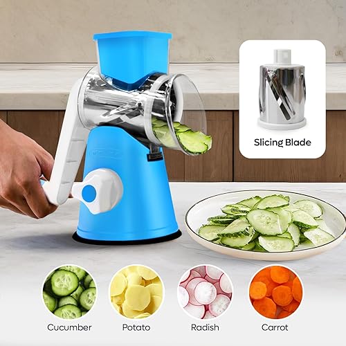 Miniatura 3 de Rallador rotativo de queso, 3 en 1, rallador giratorio con mango y base de succión fuerte para encimeras de cocina, cortador de mandolina de