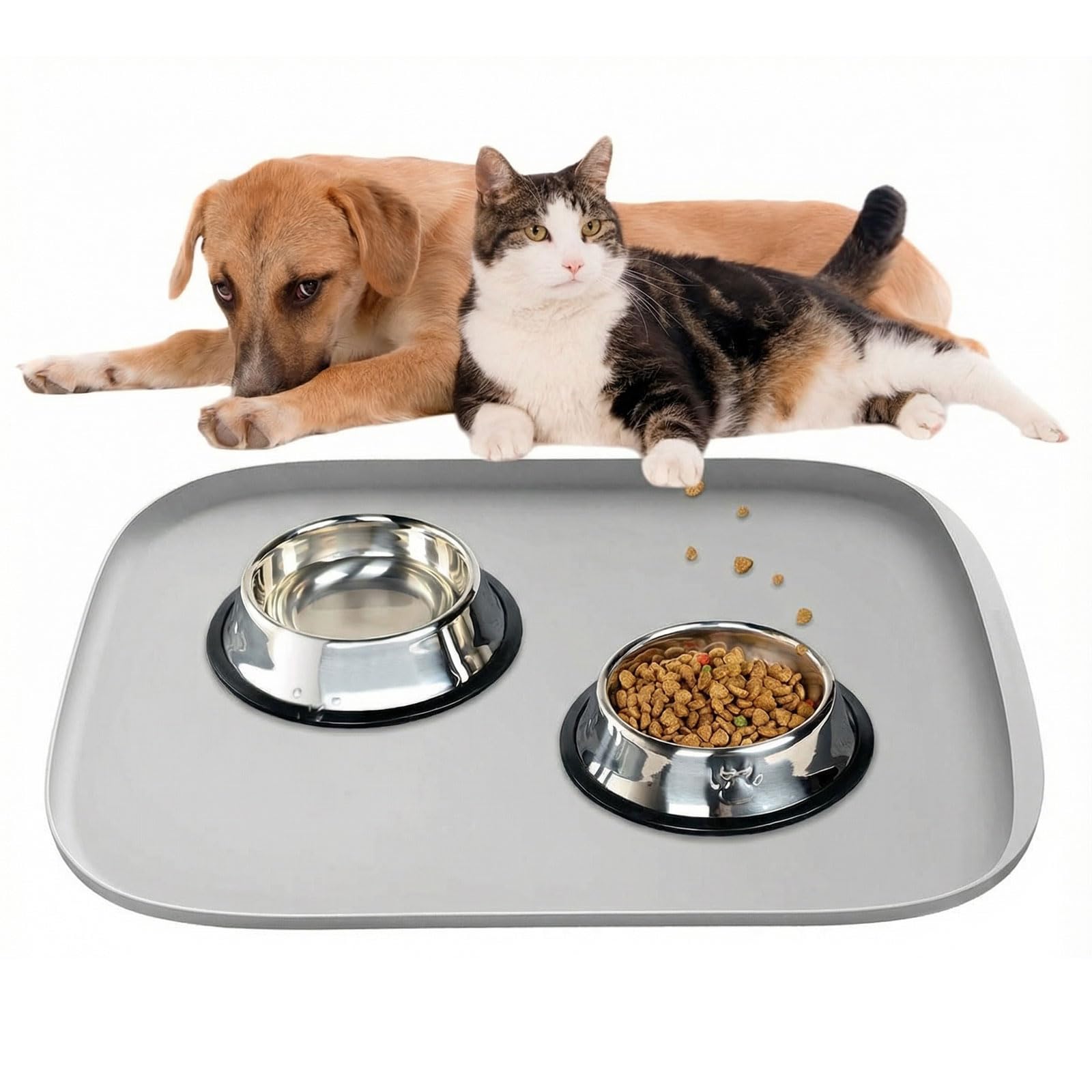 Hundefuttermatte - Silikon-Futtermatte für Haustiere, rutschfeste Katzennapfmatte, Wasserdichtes Tablett-Kissen, Napfunterlage Katzen für Mittlere und Kleine Haustiere (Hell-Grau, 45x30 cm)