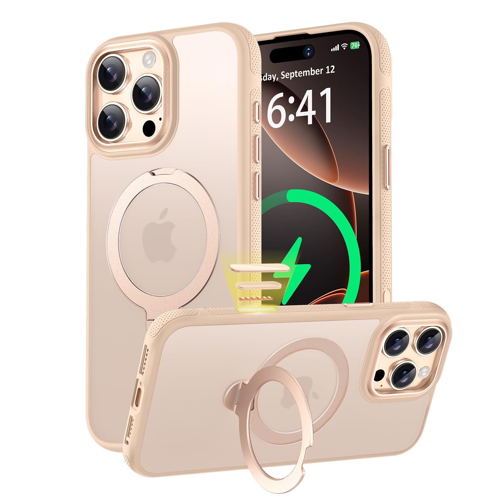 KISECASE iPhone 16 Pro Max 用 ケース 多機能 magsafe対応 強磁気リング 定点360°スタンド マット質感 ゴールド