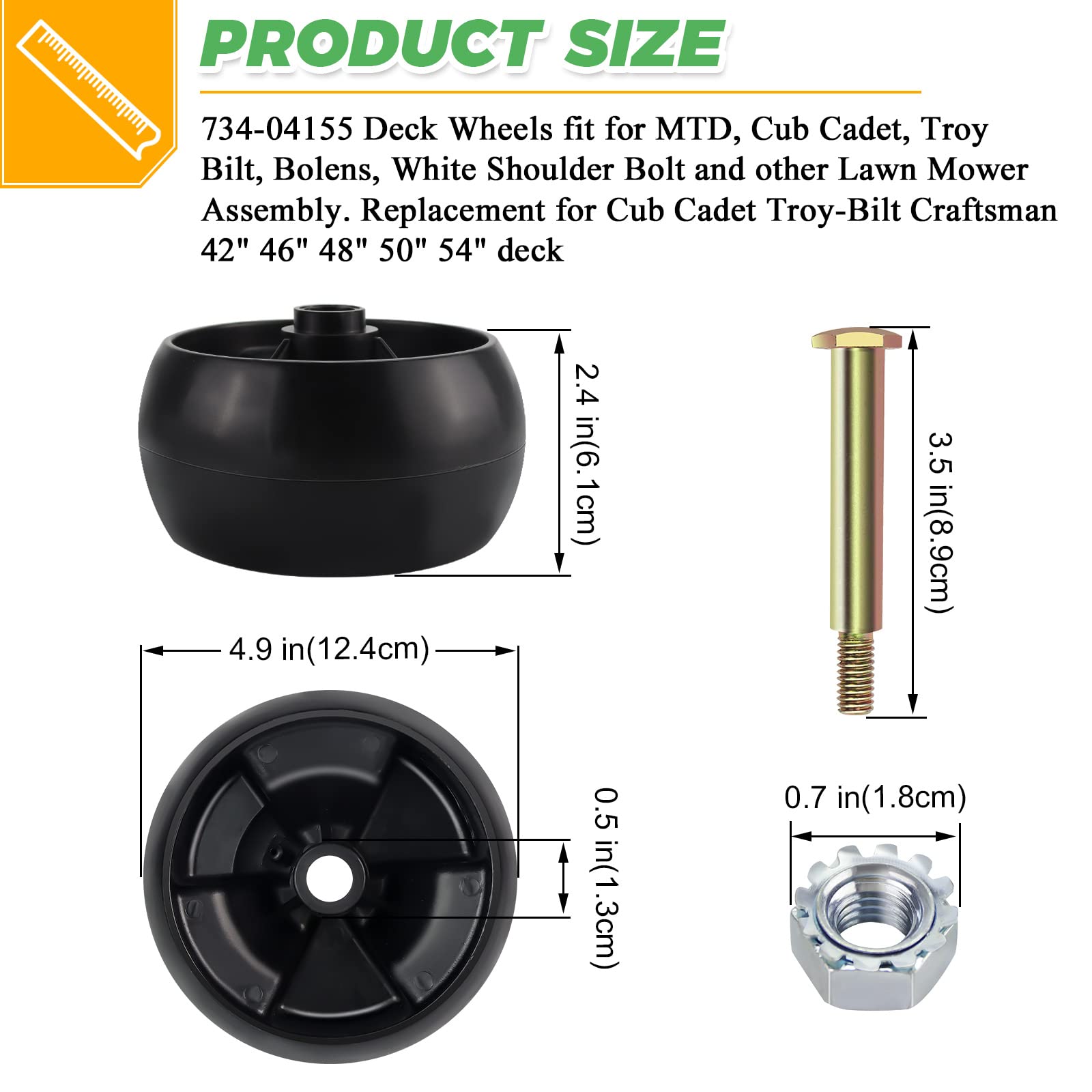 Ruedas de cubierta 734-04155 mejoradas para cortacésped MTD, Cub Cadet de Techecook – Sustituye a Toro 112-0677 72-025 210-275, Troy Bilt 938-3056 Rueda de cubierta de 5 pulgadas con pernos y tuercas,