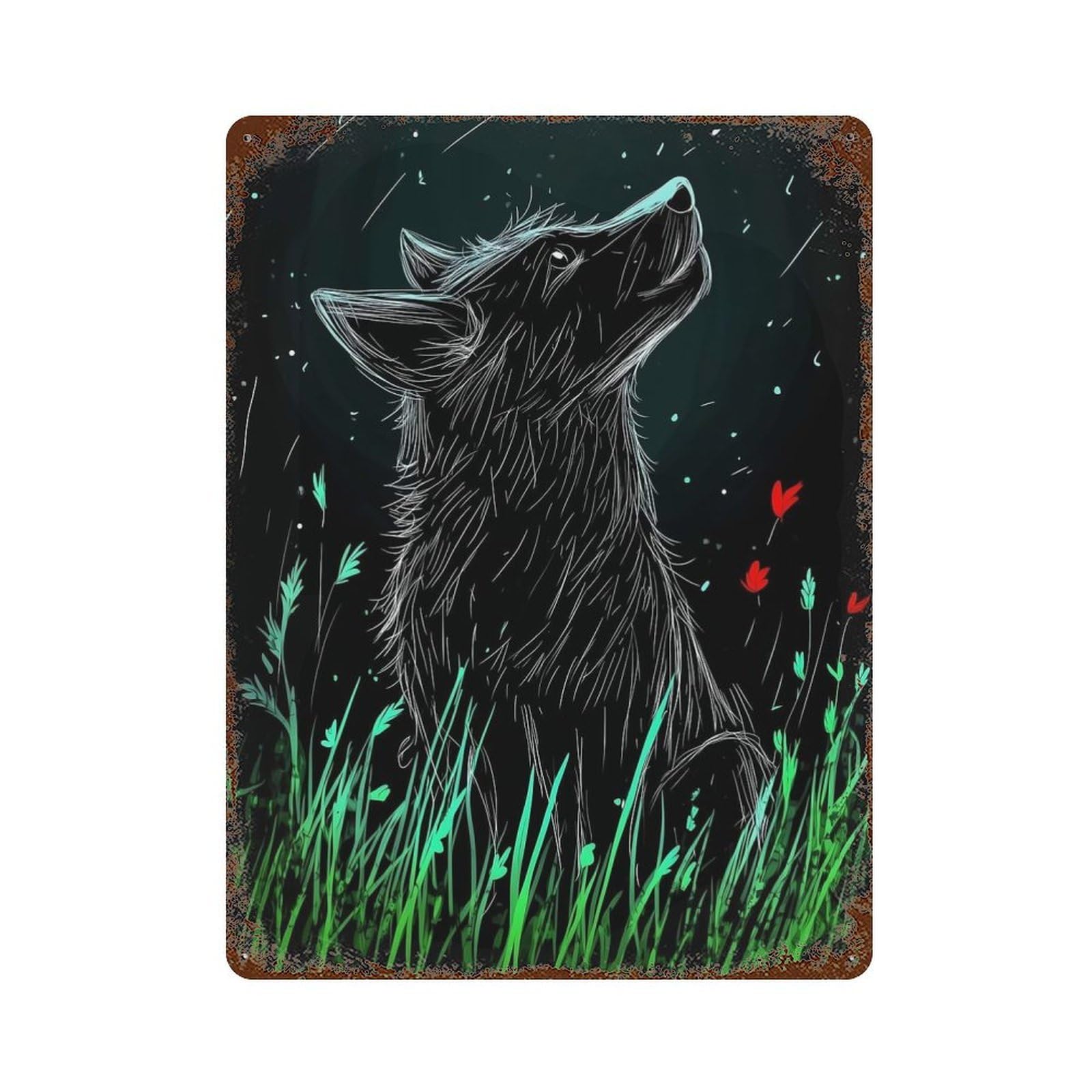 Wolf Under The Stars Rusty Metal Tin Sign 15.7"x11.8", Vintage Wall Decor for Garage, Pub Or Kitchen