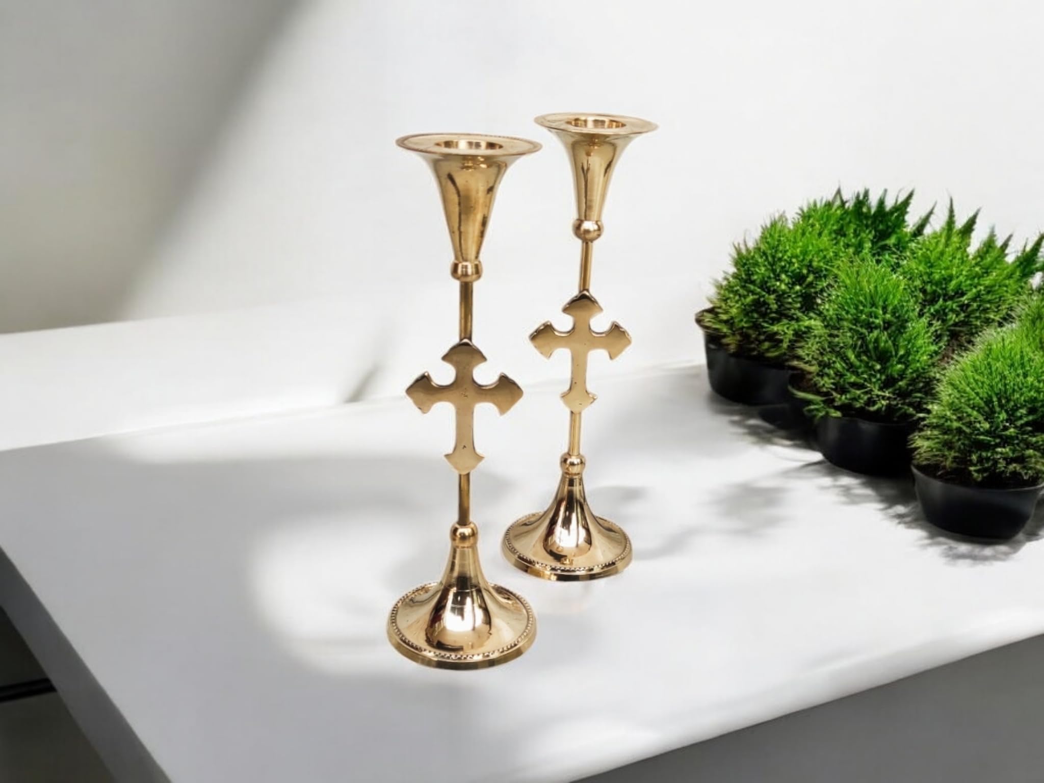 blissful decor brass cross candle holder stand|pooja|puja|decorative|home decoration|best return gift for living, bedroom, dining room– cross candle holder candle stand cross single set of-2