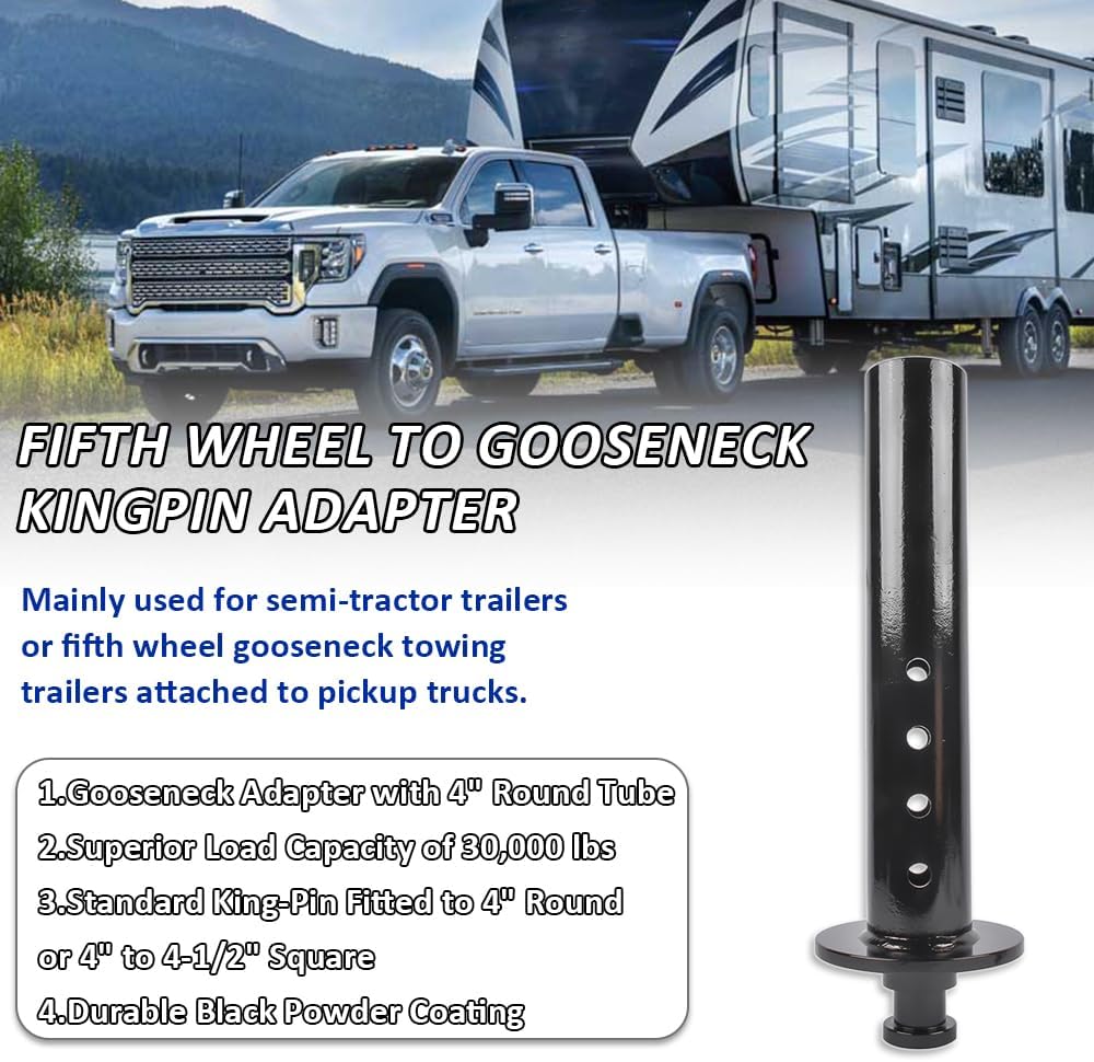 5th Wheel to Gooseneck Adapter Replacement for Campers,Trailers,Tractors,Semi-Tractor,with 4" Round Tube & 2" Kingpin, 30,000 lbs Load Capacity, Adjustable Height