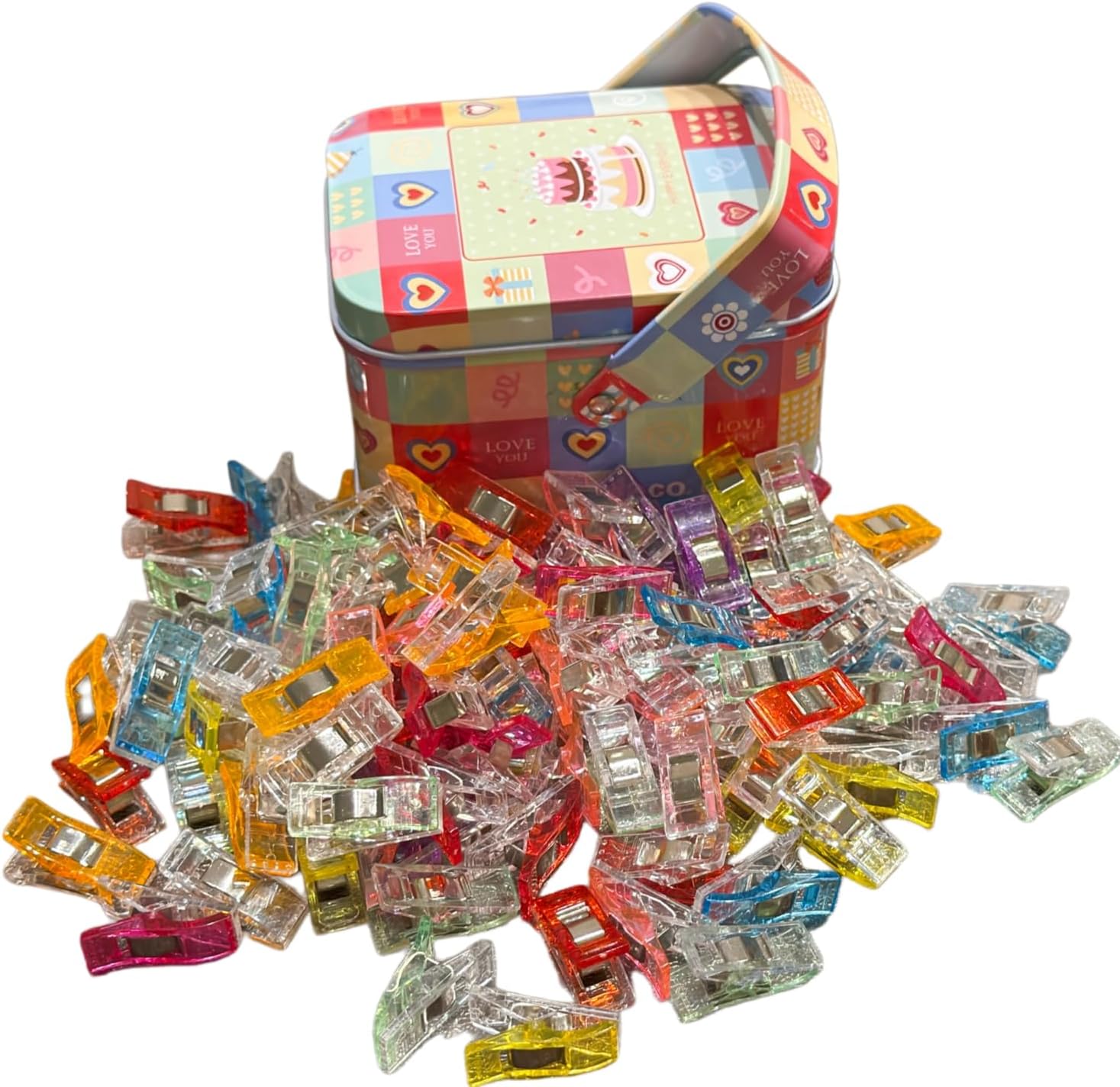Sewing Clips 100 PCS with Tin Box, Assorted Fabric Clips for Quilting, Binding, Sewing Supplies and Quilting Supplies, Fabric Craft Clips, Alternative to Sewing Pins and Quilting Pins