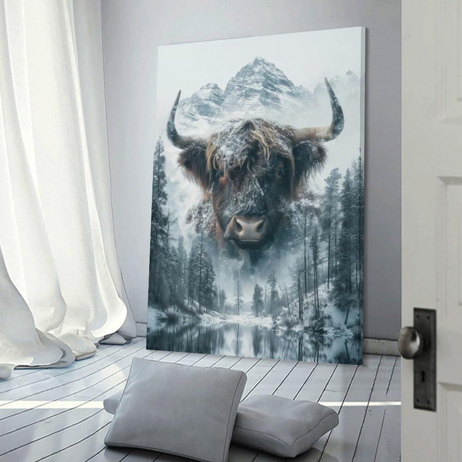 Junmoney Frame-Style-11-1 Canvas Art Print Highland Cow Snow Mountain, 24X36inch(60X90cm), For Contemporary Homes, Apartments Or Offices, Decorative Canvas Decor For Home Updates