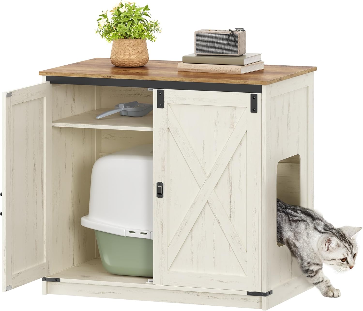 Cat Litter Box Enclosure, Hidden Litter Box Furniture Cabinet with Storage, Reversible Entrance Left or Right Side,Cat House, Farmhouse, 31.5x19.7x31.3 Inches, Rustic Brown and White CB85414X