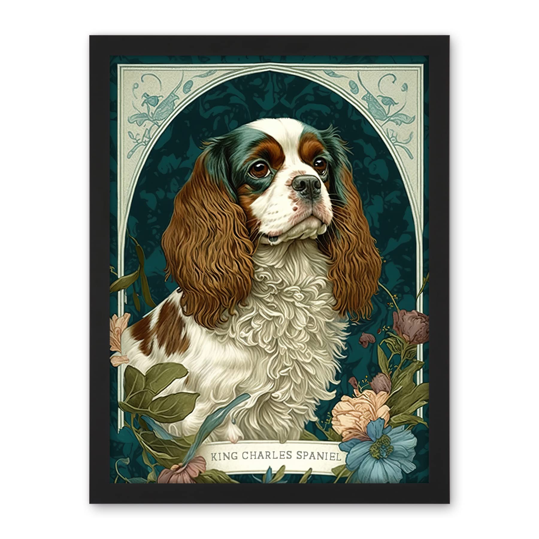 Artery8 King Charles Spaniel Dog with Flower Blooms Modern Art Nouveau Illustration Artwork Framed Wall Art Print 18X24 Inch