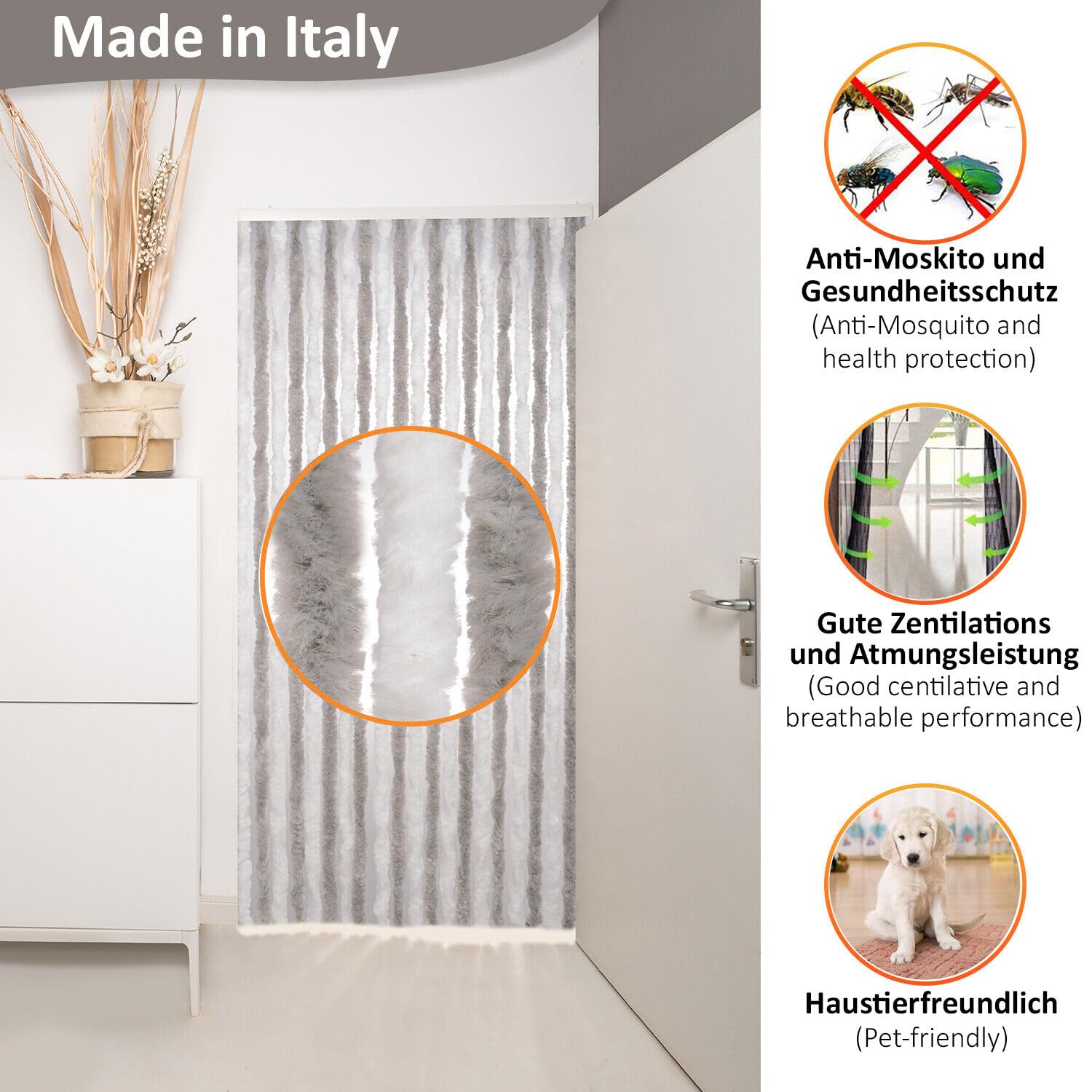 DEFACTO Rideau de porte en tissu chenille (90x220 cm) Protection contre les insectes et les mouches pour camping 100% Fabriqué en Italie - Polyvalent, facile à nettoyer, efficace pour bloquer la vue