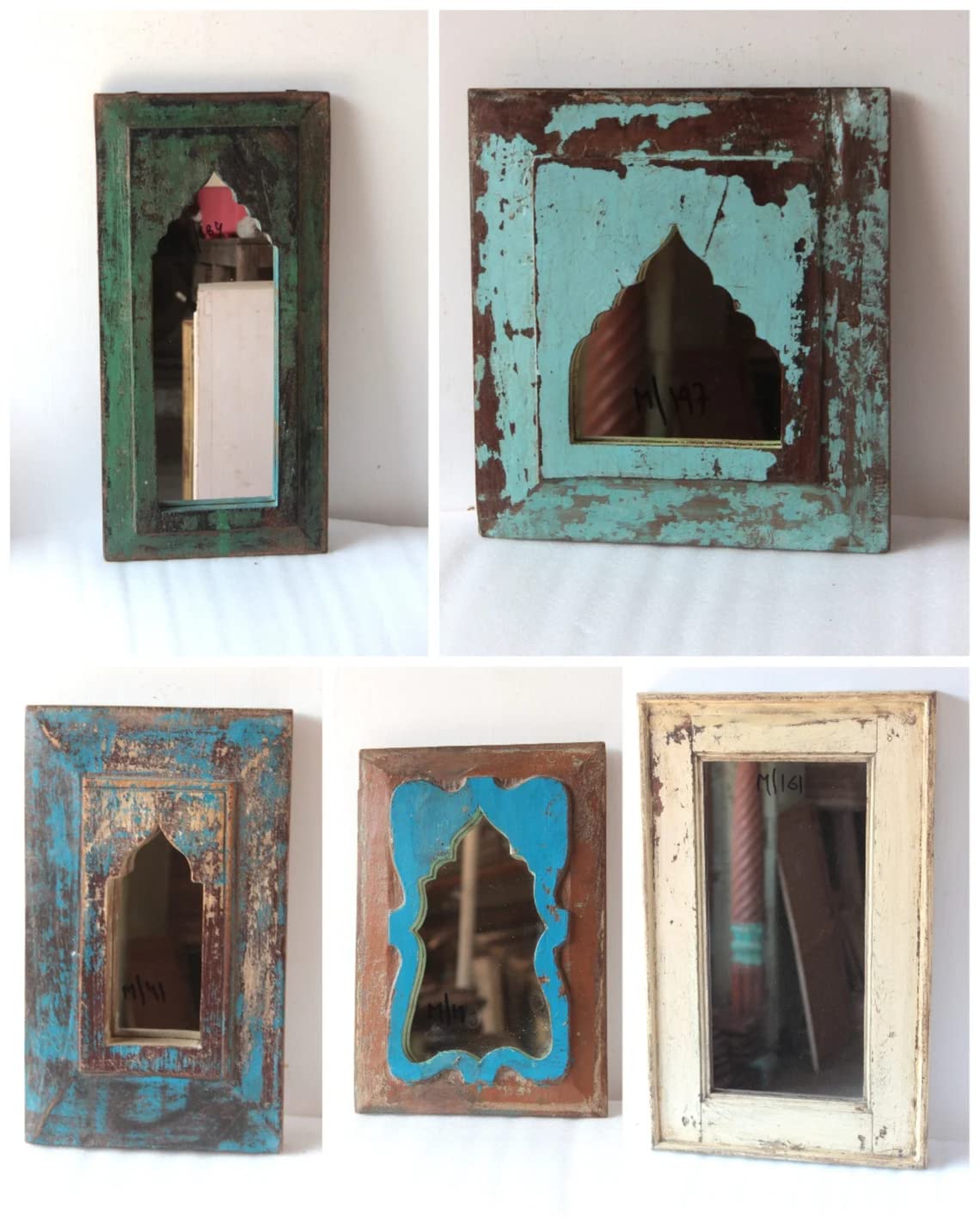 Spice Box Handmade Vintage Style Indian Temple Mirror Small Wall Decor Handcarved Solid Hard Wood Decorative Wall Mirror Frame for Bedroom | Home Decor | 30x40cm Arch Style Set of 5