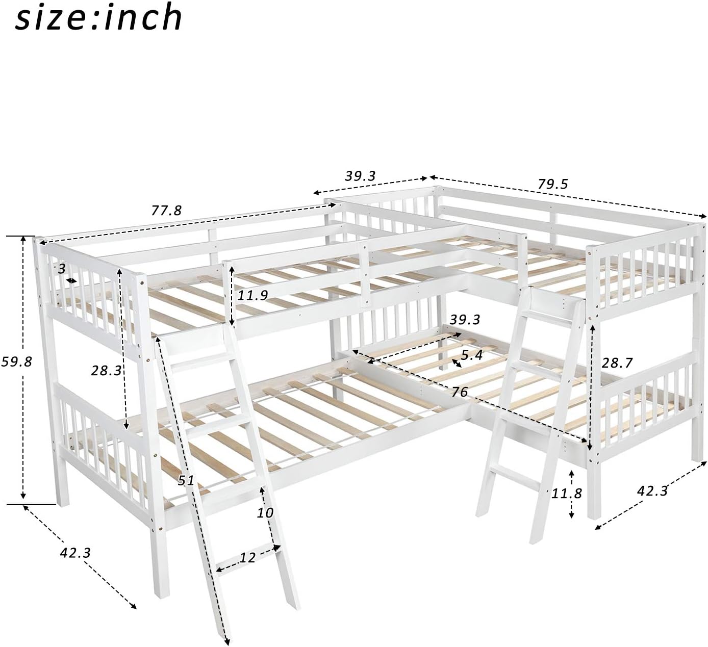 MERITLINE Twin Over Twin Bunk Bed for Kids, Wood L-Shaped Corner Bunk Bed Frame 4 Bed Bunk Bed with Full Length Guardrails and Flat Ladder