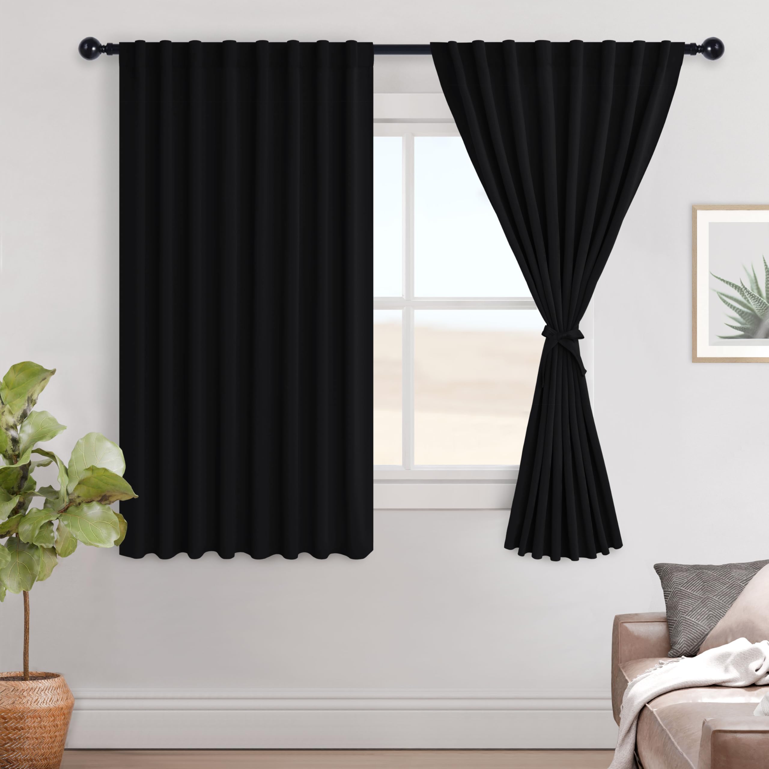 Hiasan Black Out Curtains 63 Inches Long 2 Panels Thermal Blackout Curtains for Living Room Rod Pocket Privacy Assured Drapes with Tiebacks Extra Wide