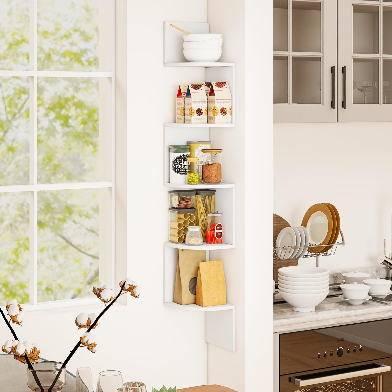 HOMASIS Libreria Angolare da Parete con 5 Ripiani, Scaffale ad Angolo in Legno, Libreria Sospesa Salvaspazio e Aperto per Decorazioni da Soggiorno, Ufficio e Bagno, 20 x 20 x 126 cm (Bianco)
