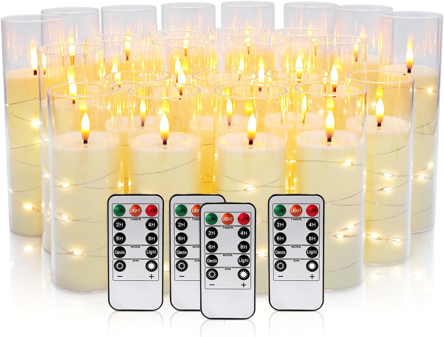 24 Pcs LED Flameless Candles with Remote, 3D Flickering Flame & LED String Lights, Acrylic Clear Cylinder, Timer Function, Romantic Ambience for Home Decor, Party, Wedding. Strip Light String-24Pack