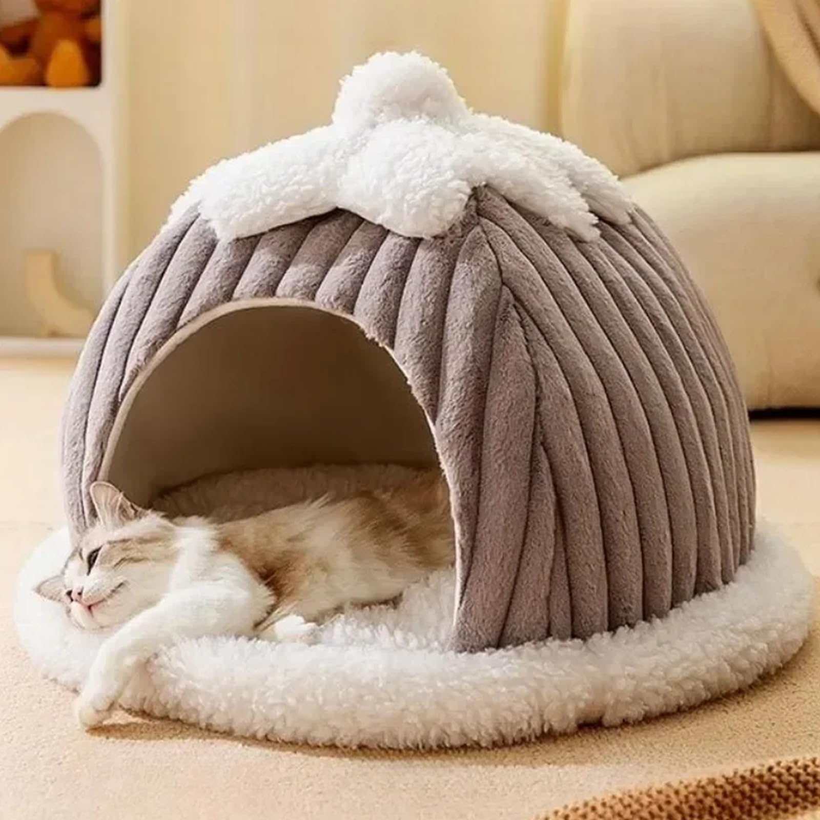 Cat Beds for Indoor Cats, Cat Covered Bed Semi Closed Cat Nest Pet Tent Cat House with Removable Cushion Pillow Warm Cat House Anti Slip Bottom Pet Cat Shelter for Kitten,Gray