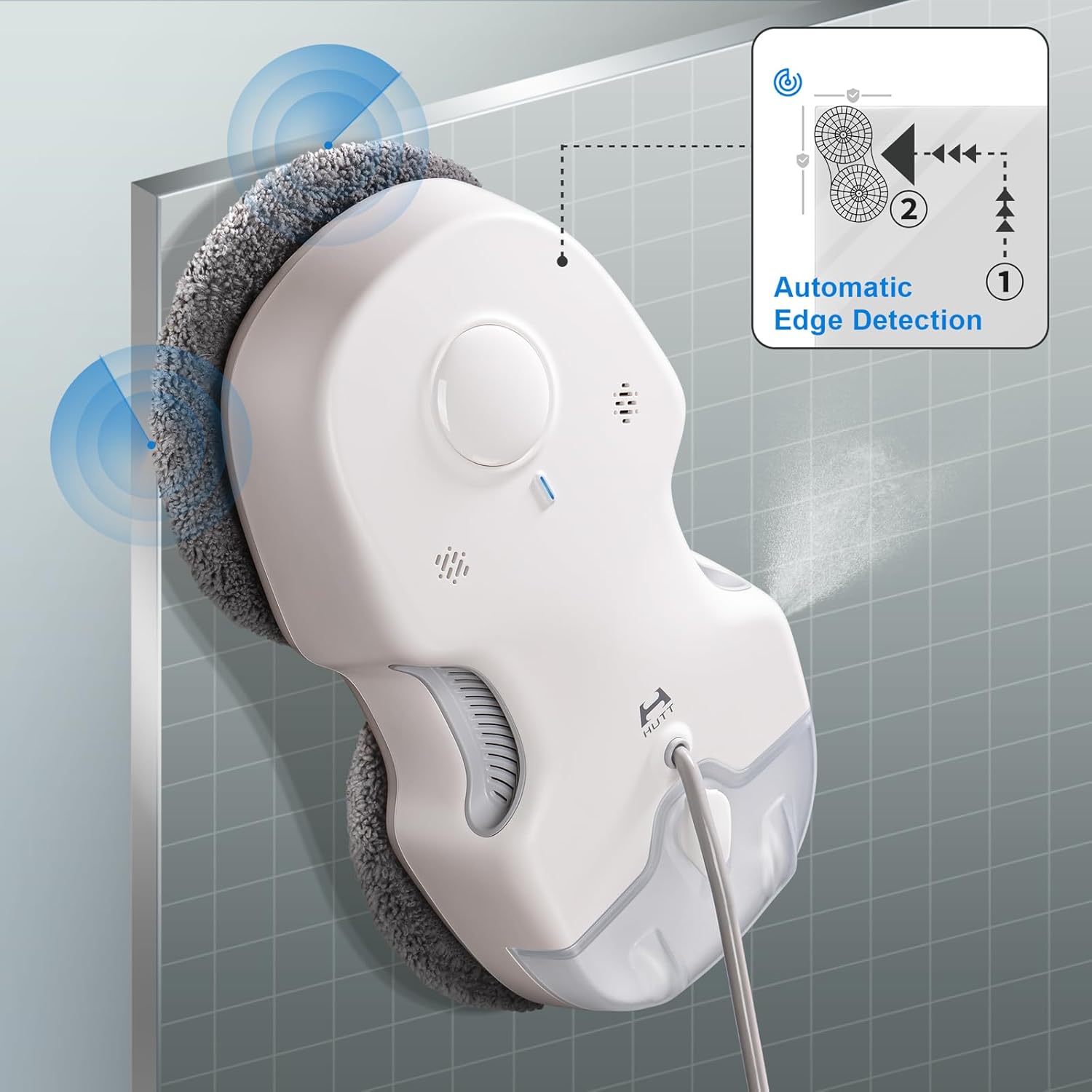 HUTT C65 robot on a window demonstrating automatic edge detection with blue signal waves