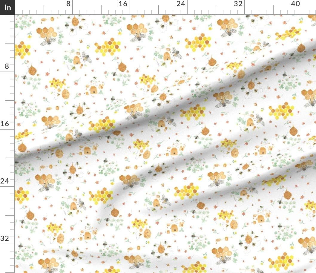 Spoonflower Fabric - Whimsical Honey Bees White Honeybee Honeycomb Watercolor Paint Printed on Petal Signature Cotton Fabric by The Yard - Sewing Quilting Apparel Crafts Decor
