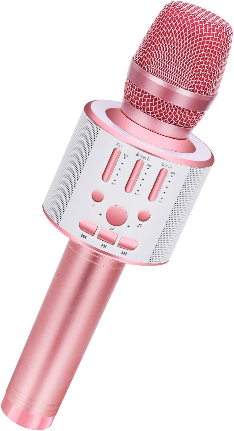 BONAOK Wireless Bluetooth Karaoke Microphone, Portable Handheld Rechargeable Karaoke Machine Speaker with Stereo Sound (D03 Rose Gold)