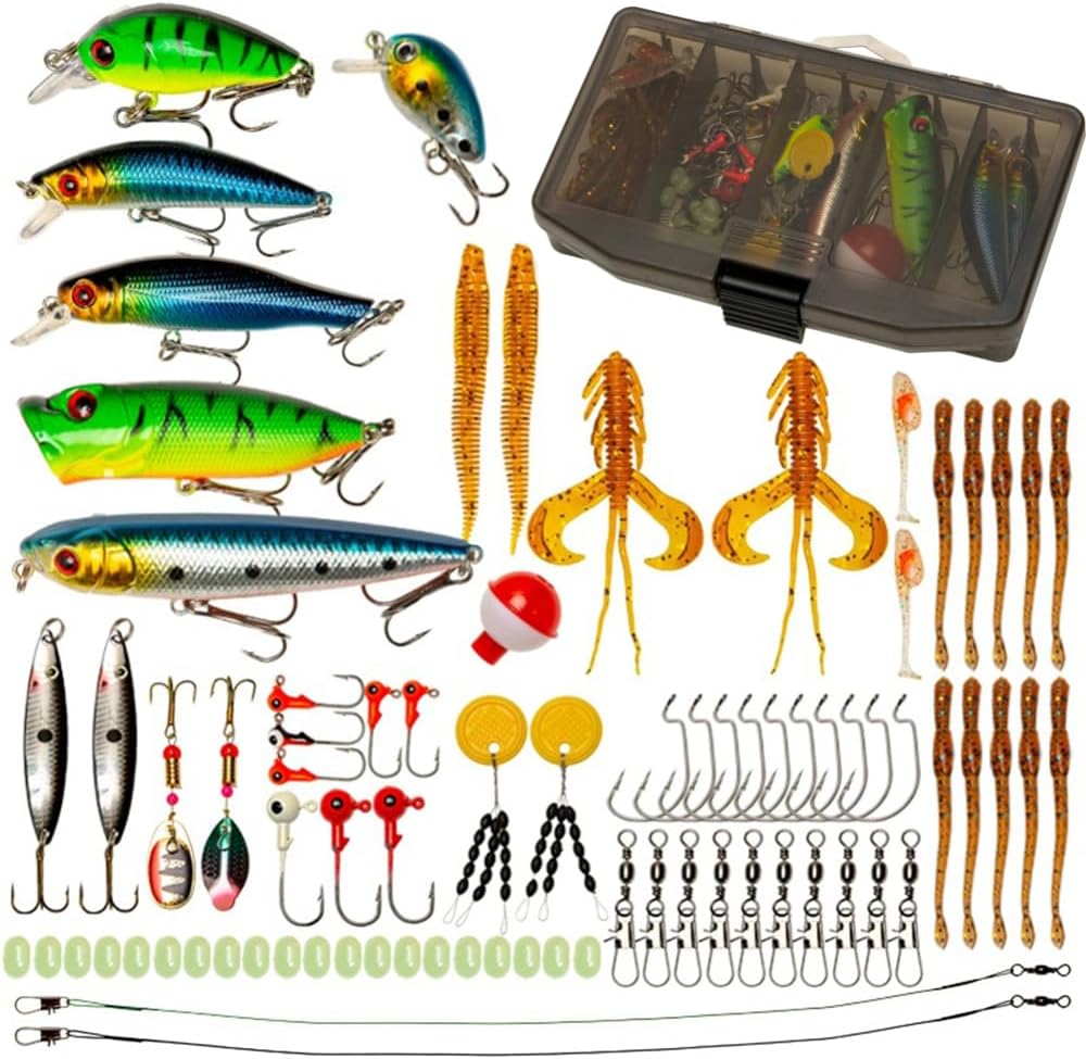 Hapihom 80Pcs Fishing Lure Kit,Artificial Fishing Bait Fishing Bait Set Mixed Tackle Fishing Accessories With Tackle Box And Fishing Gear Lures Kit Set For Beginners with bait box