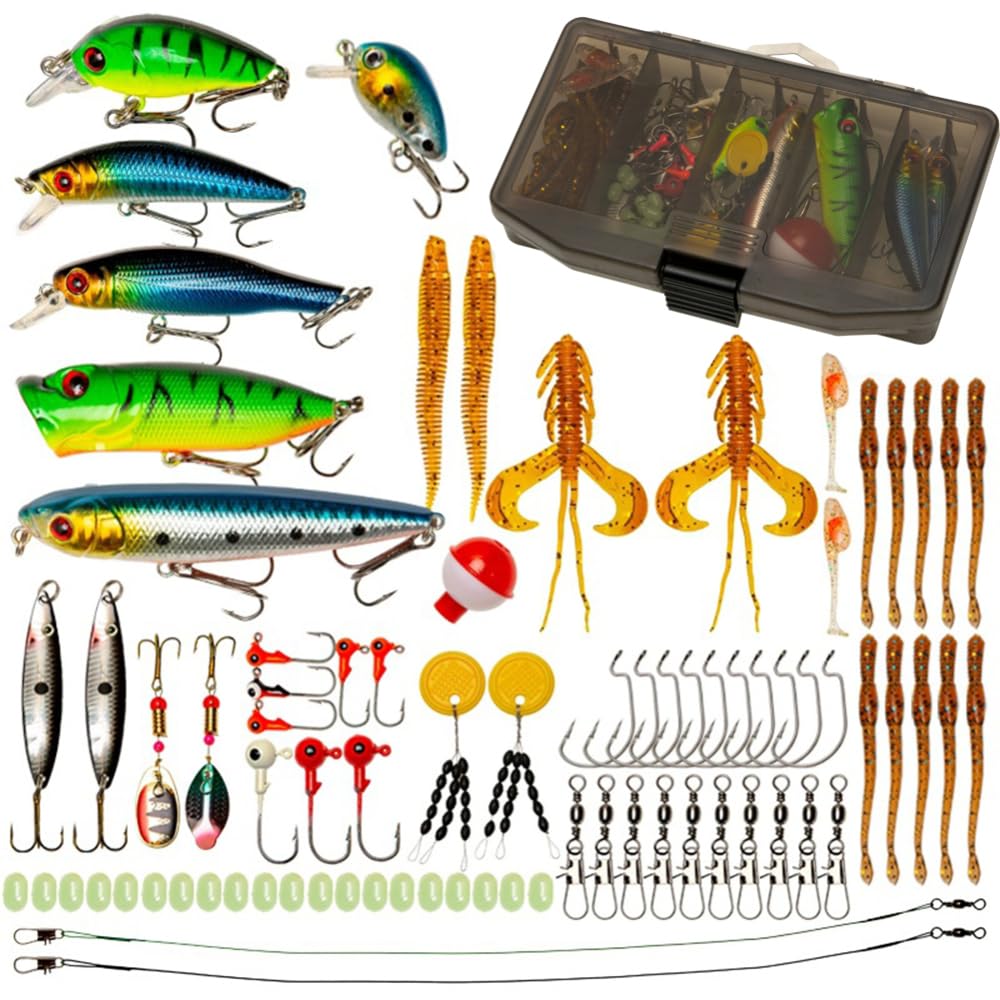 Hapihom 80Pcs Fishing Lure Kit,Artificial Fishing Bait Fishing Bait Set Mixed Tackle Fishing Accessories With Tackle Box And Fishing Gear Lures Kit Set For Beginners with bait box