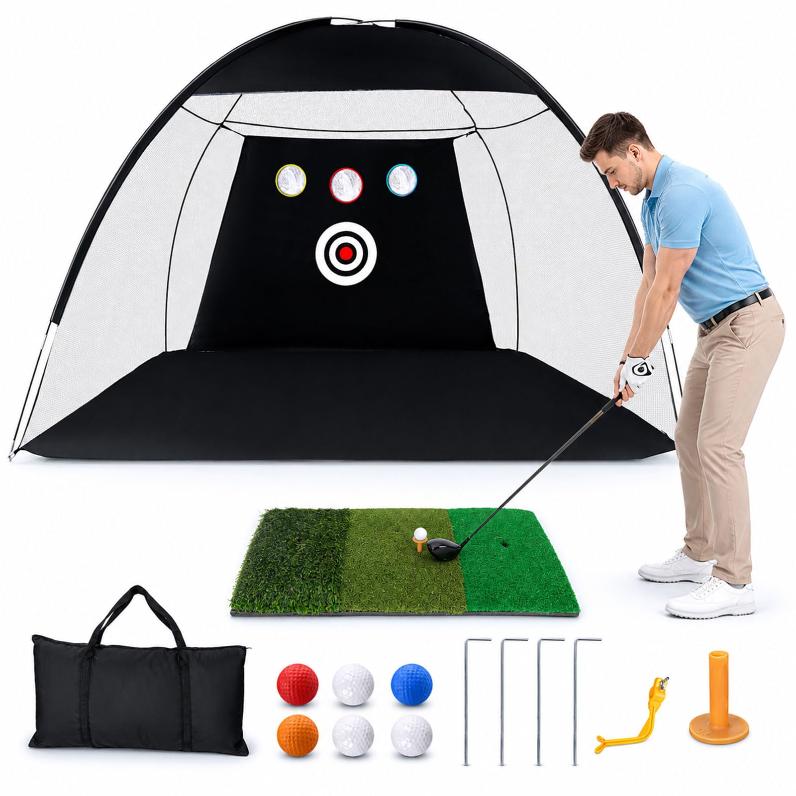 Golf Practice Net for Garden with 6 Balls Swing Correction Trainer Carry Bag Chipping Turf Mat for Backyard Driving Outdoor Indoor Use 10x7ft
