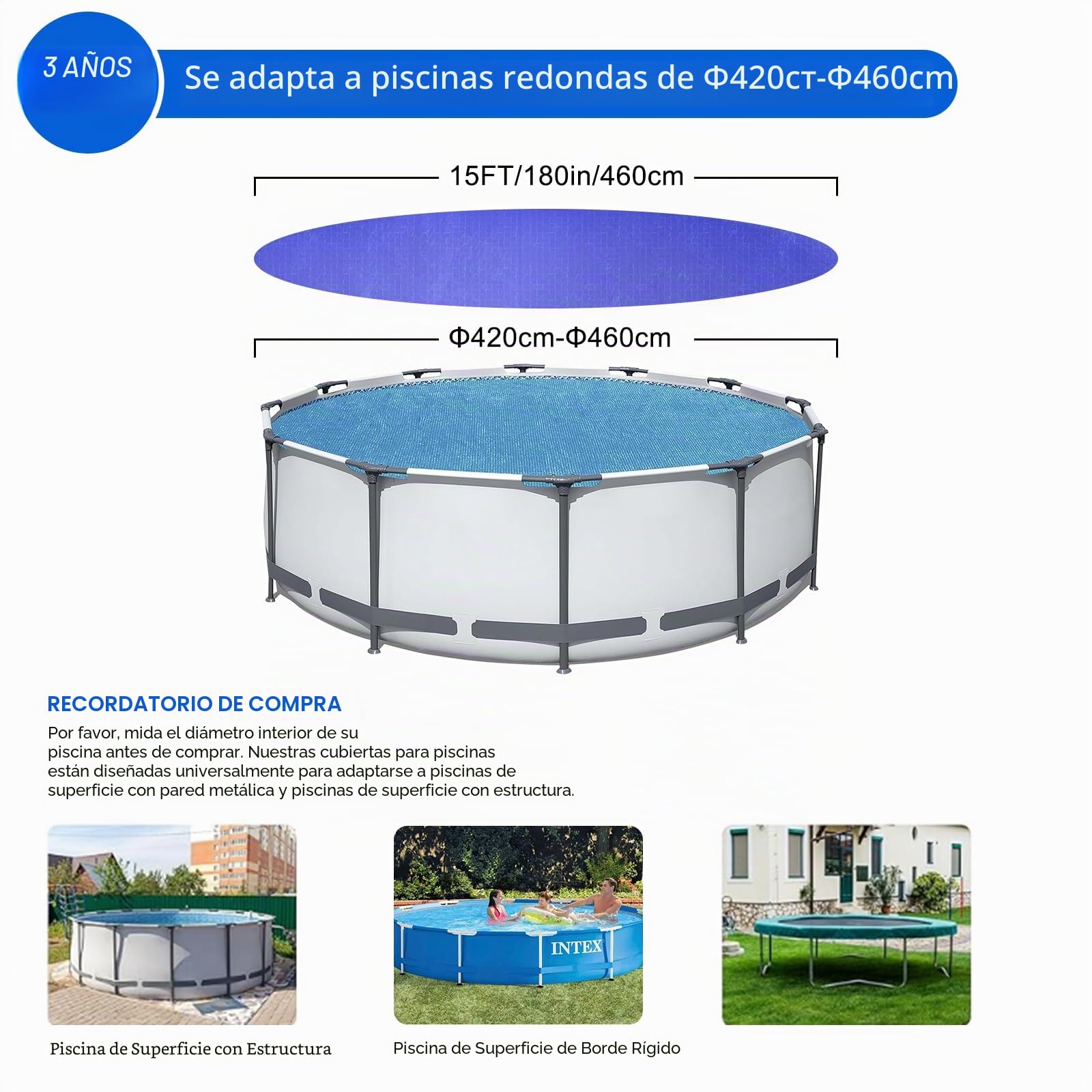 Cubierta de piscina redonda de 460 cm (para diámetro de 420 – 460 cm) | 2 en 1 cubierta de piscina resistente a los rayos UV, lona solar para verano e invierno, cubierta redonda para piscina de metal