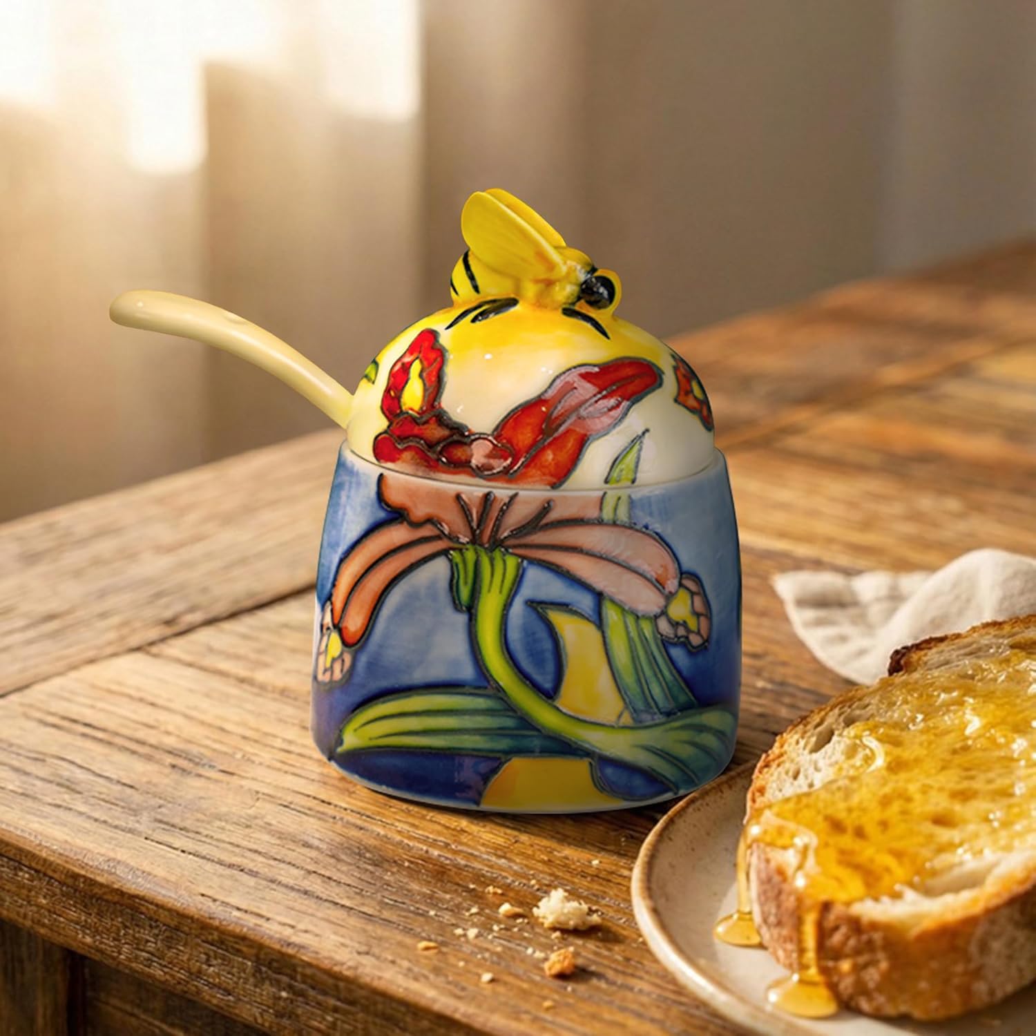 MAGRACE Hand-Painted Ceramic Honey Jar with Lid & Spoon, 10oz, Floral Honey Container, Countertop Decorative Kitchen Storage Pot (Tropical)