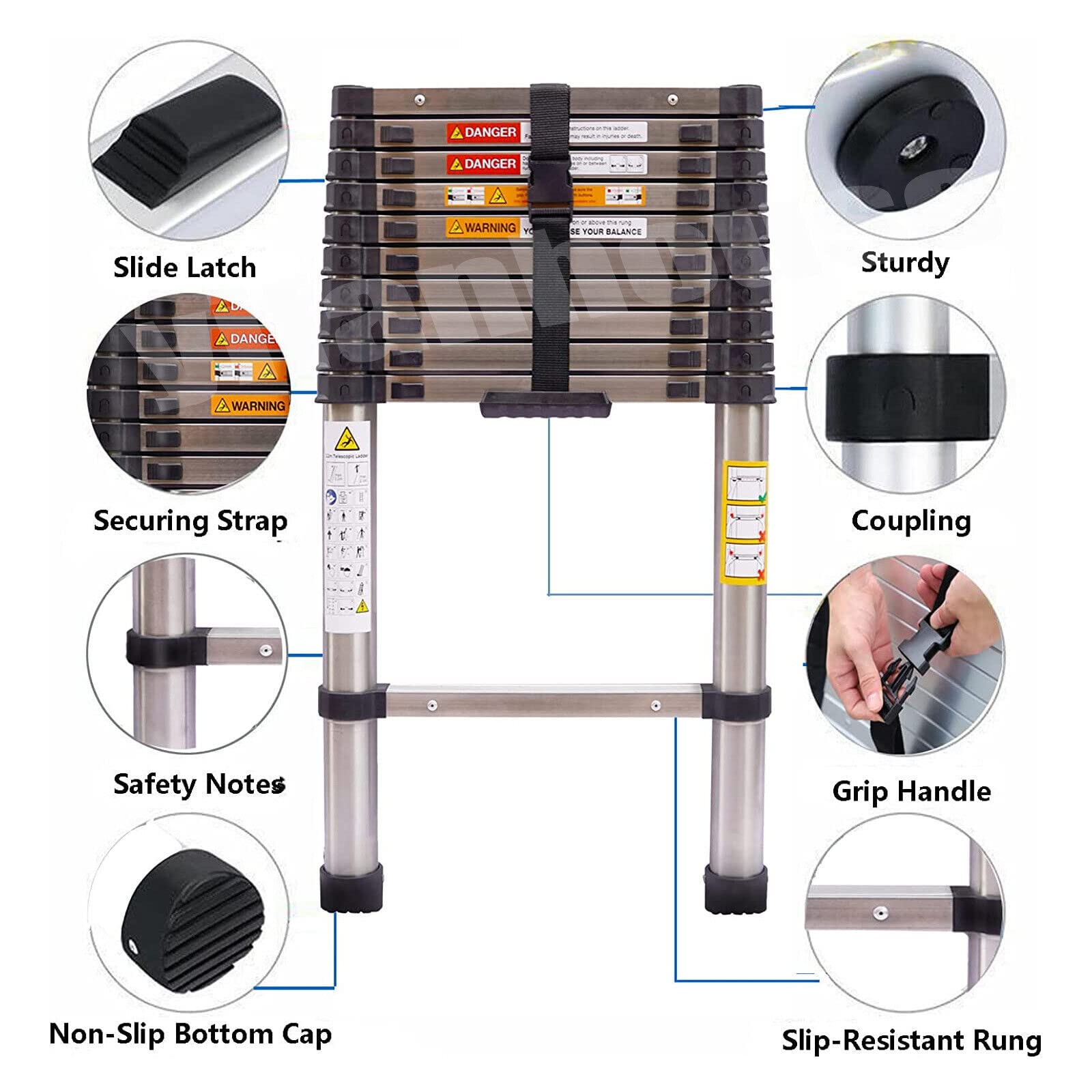 Scala telescopica pieghevole, 3,2 m, antiscivolo, multiuso, allungabile, in acciaio inox, portatile, allungabile, scala Attic EN131, Safe Standard 330 LB, capacità di carico (3,2 m/10,5 ft)