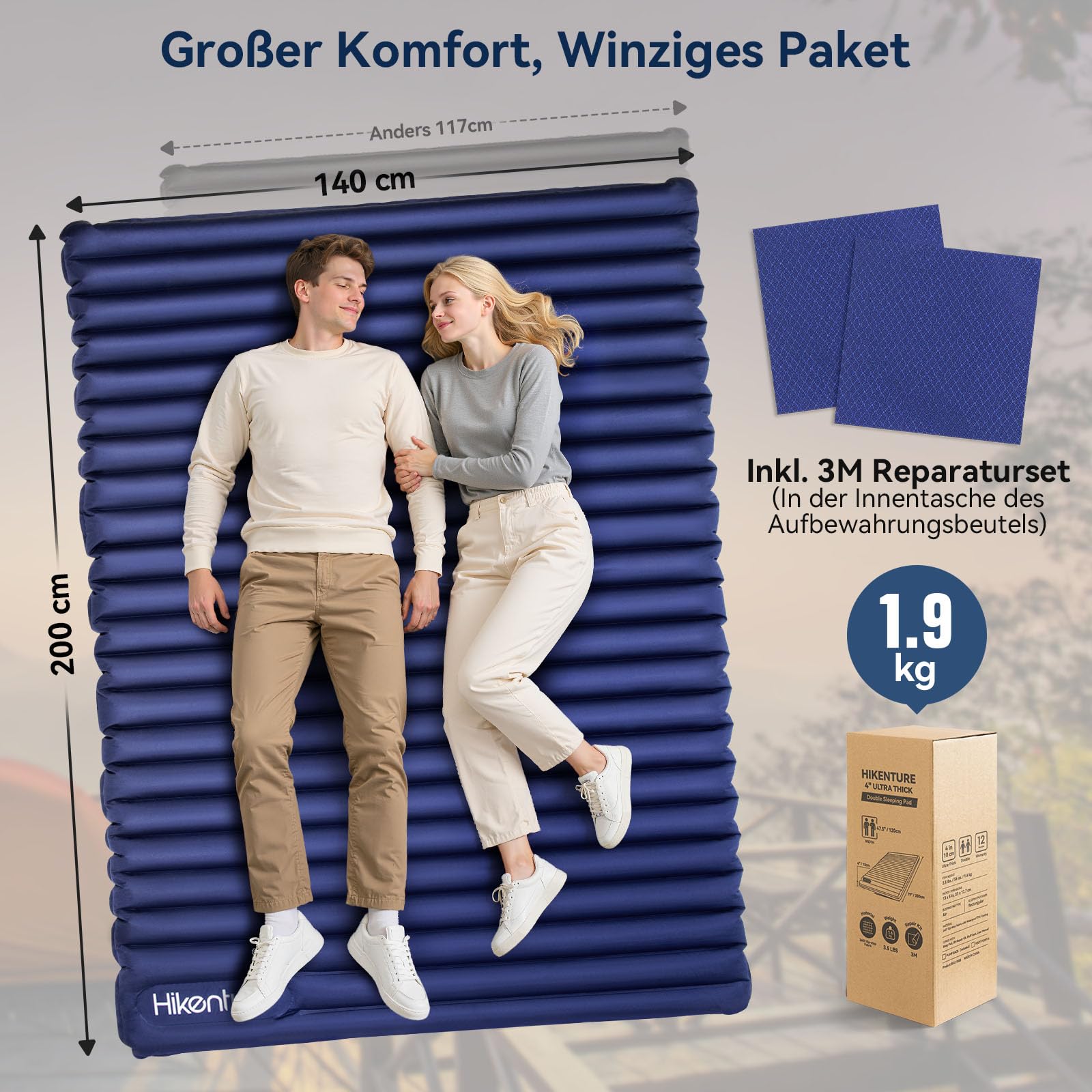HIKENTURE Isomatte für 2 Personen Ultraleicht, Doppel Isomatte Aufblasbar, Camping Luftmatratze Schlafmatte 140cm mit Fußpumpe, für Camping, Outdoor, Wandern, Strand, Navyblau