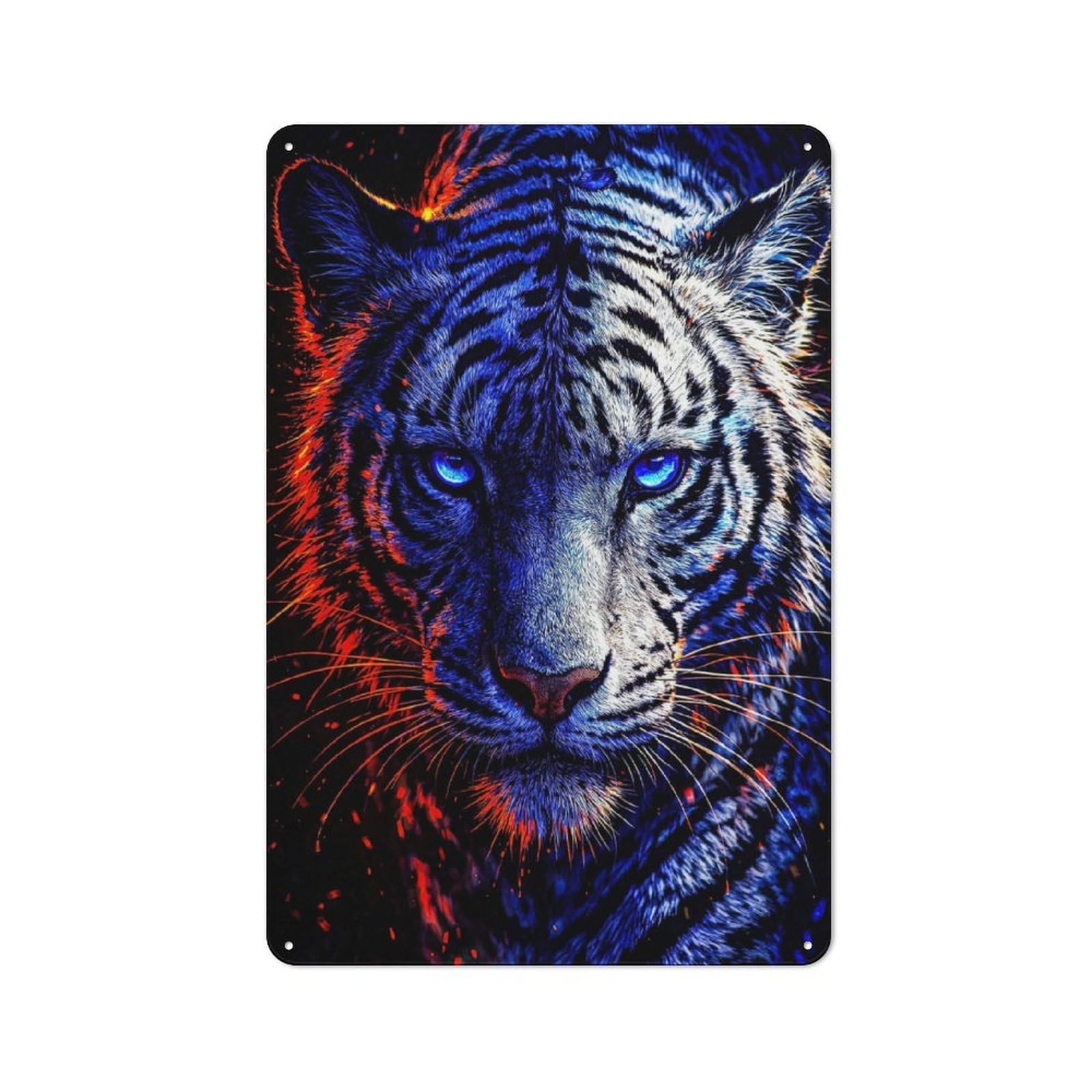 Junmoney Style-15 Fiery Blue Tiger Portrait Printed Metal Sign 30X20cm For Bar Or Restaurant, New Home Wall Decor For Hospitality Decor Collectors