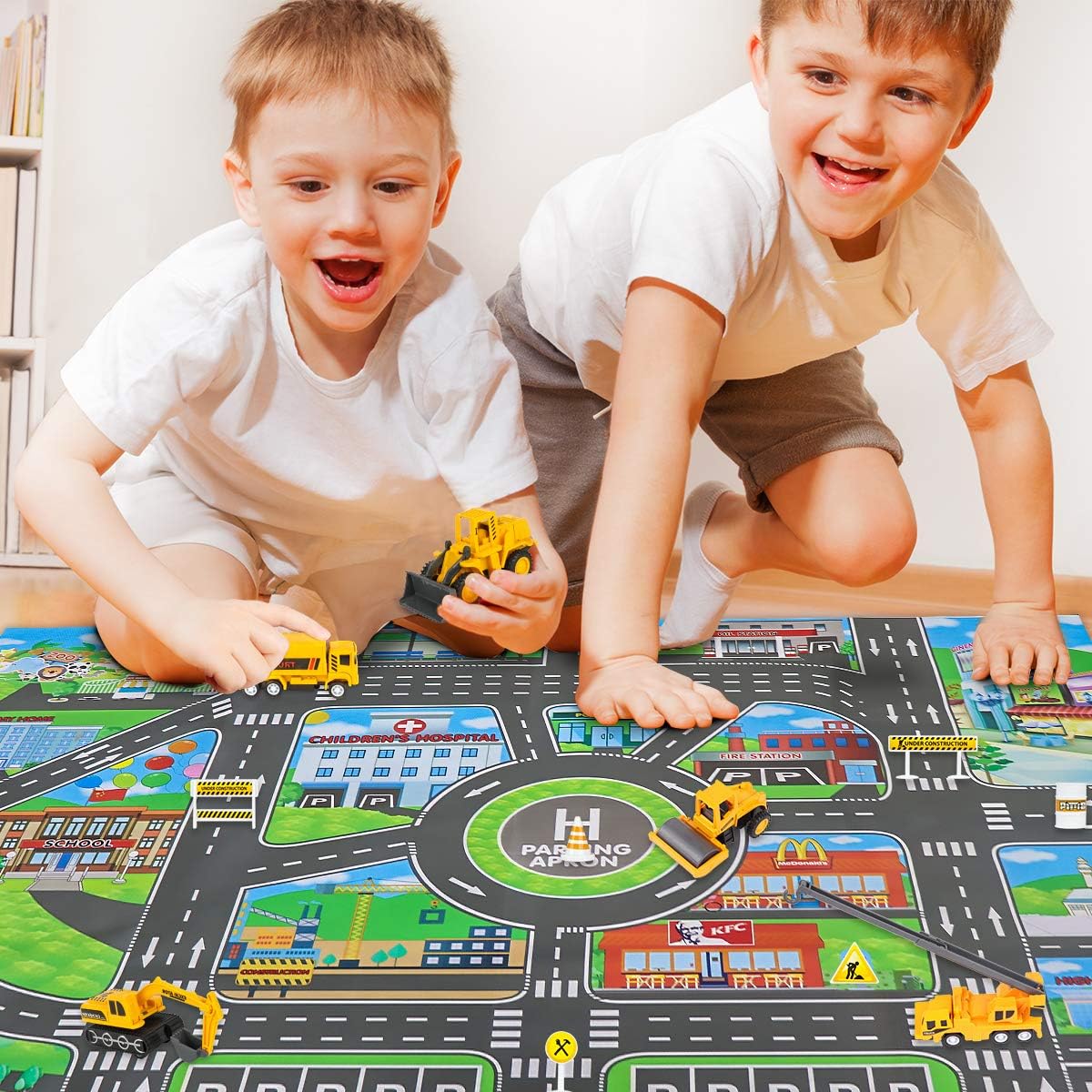 Meland Construction Vehicles Truck Toys Set with Play Mat - 8 Mini Engineer Pull Back Cars, 22.7x32.7Inch Playmat & 12 Road Signs, Toy Car Set for Boys Toddlers Birthday Christmas 3+ Year Old (Yellow) : Toys & Games