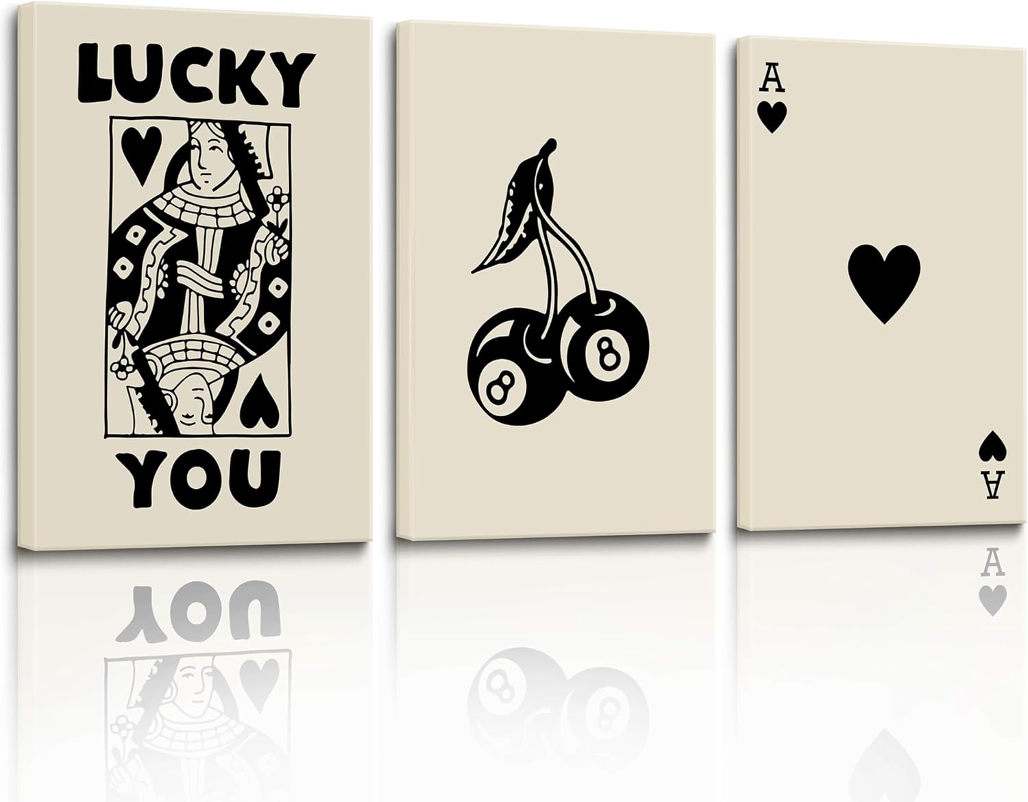 Pósteres vintage de Lucky You, paquete de 3 divertidos lienzos de reina de corazones Ace of Spades, arte de pared en blanco y negro para dormitorio,