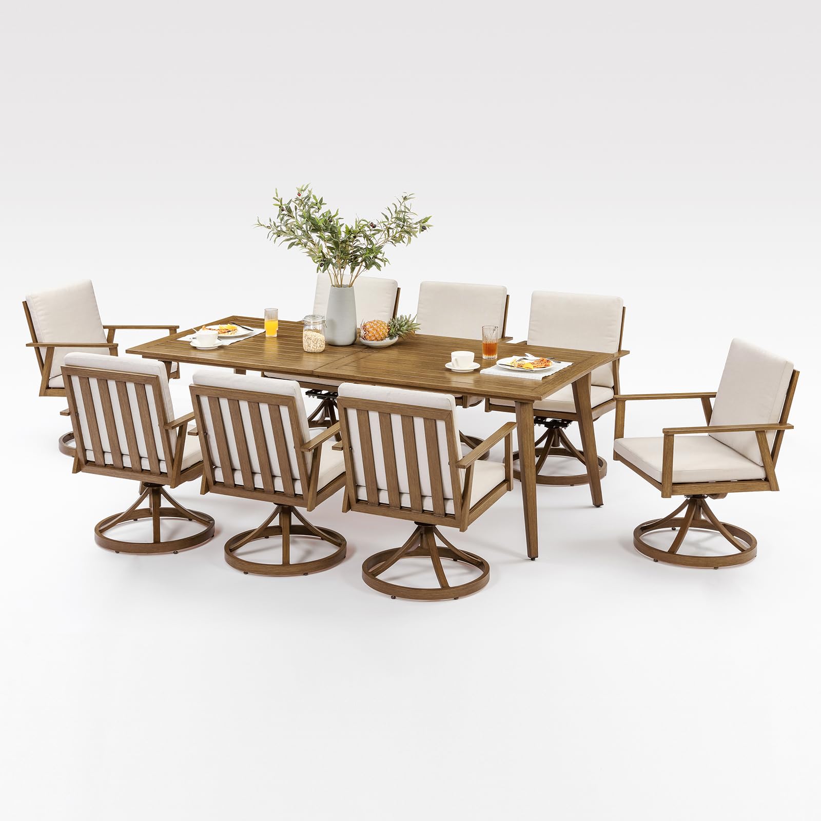 SEEHILL 9 Pieces Outdoor Dining Set, Never-Rust Aluminum Patio Swivel Dining Set with Removable Cushions, Outdoor Patio Dining Table Set with 8 Swivel