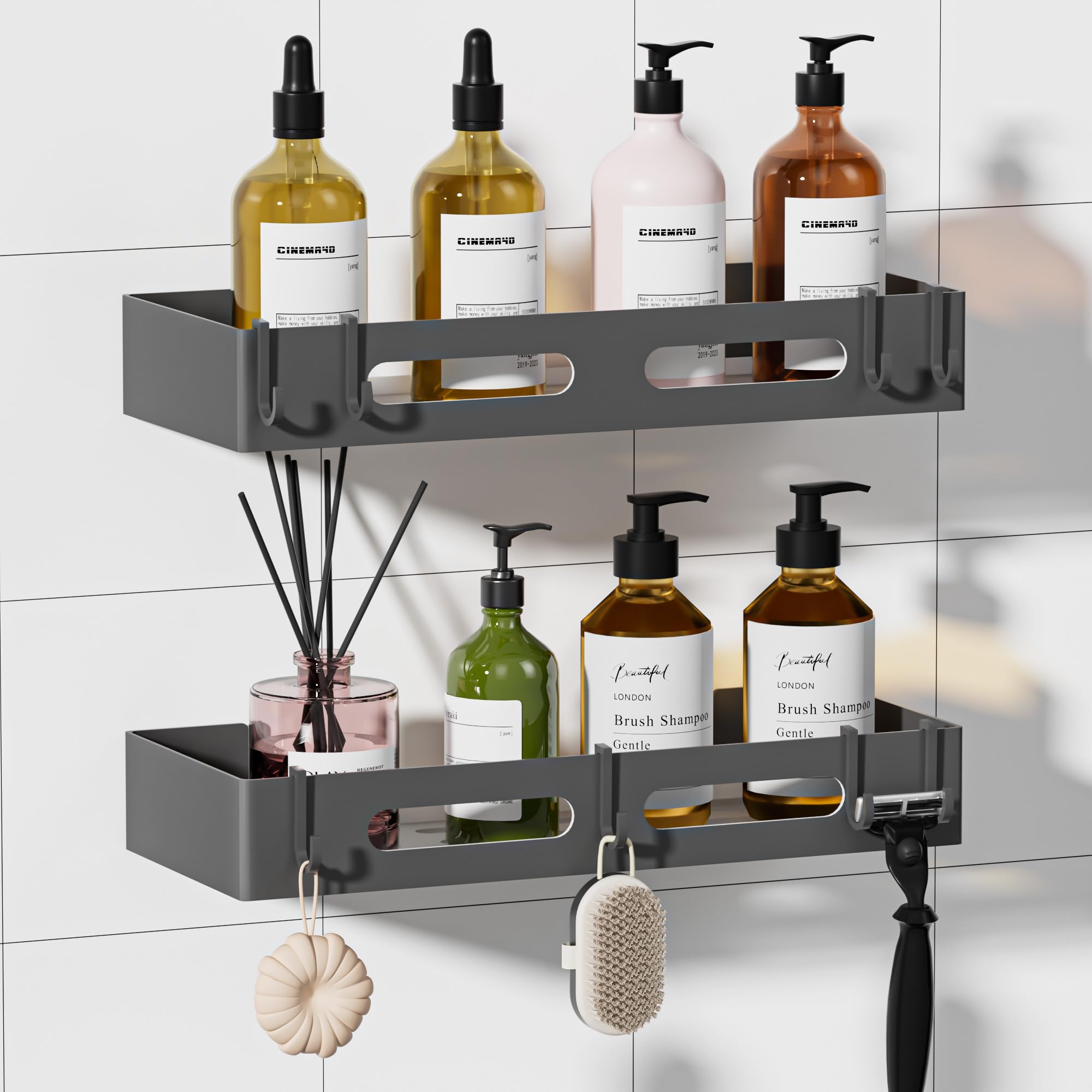 Wisfame Duschablage ohne Bohren Badregal Grau, Badezimmer Regal Ohne Bohren Rostfreie, Duschregal Fliesen Bad mit großer Kapazität,Shampoo Halterung für Duschel,2 Stück