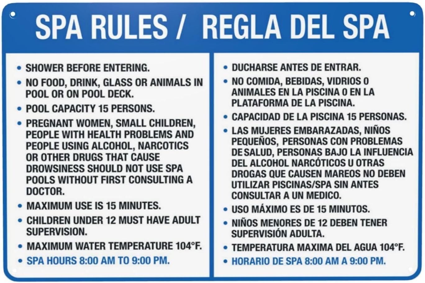 Spa Rules Bilingual English-Spanish Rust Free Aluminum Sign - Retro Safety Decor with Pre-Drilled Holes for Home/Business Spa - 12x16 Inch​