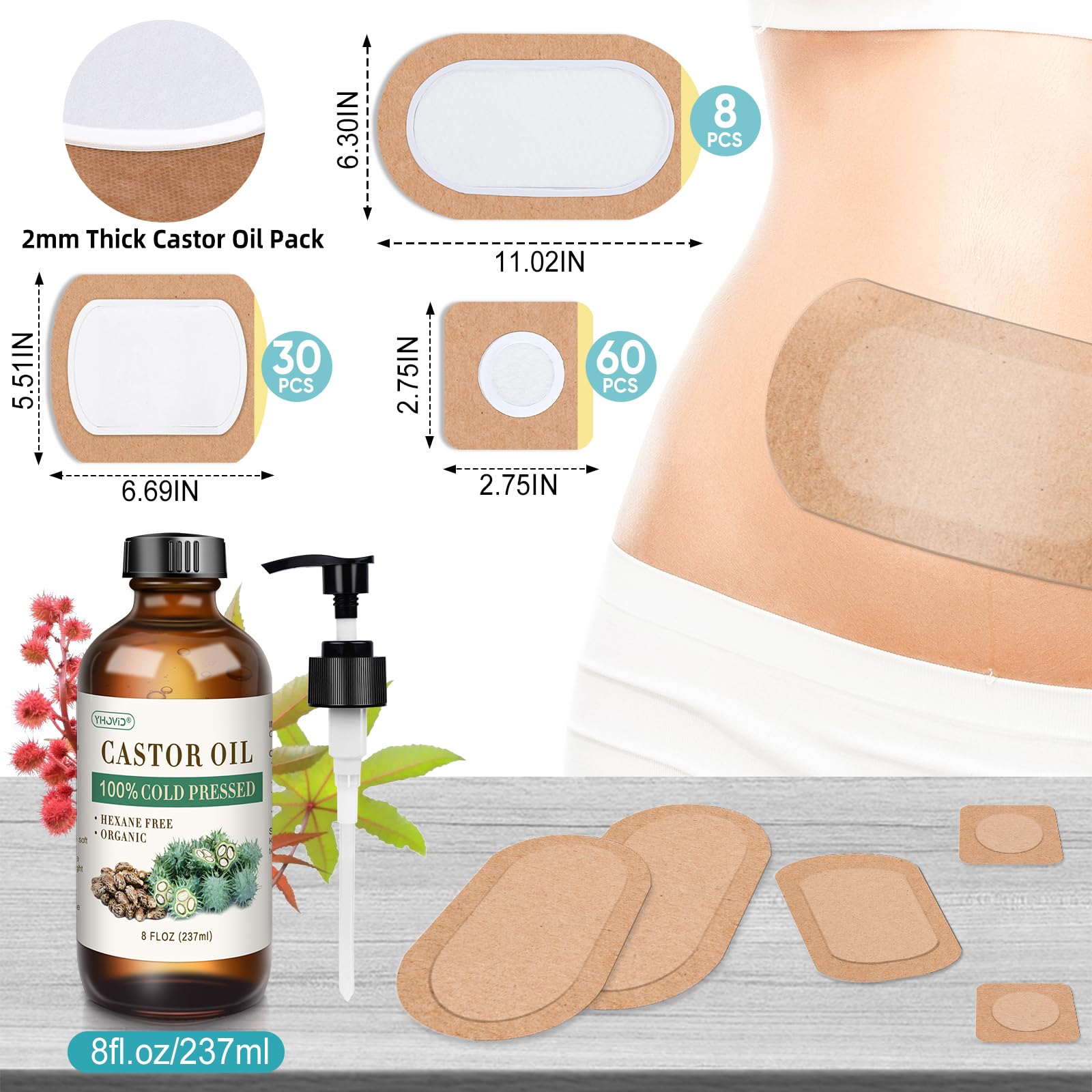 99Pcs Castor Oil Patches, Organic Cold Pressed Glass Bottle 8oz, Organic Cotton Patches Belly Button, Castor Oil Pack Wrap For Belly Button, Stomach, Self-Adhesive For Convenient Use